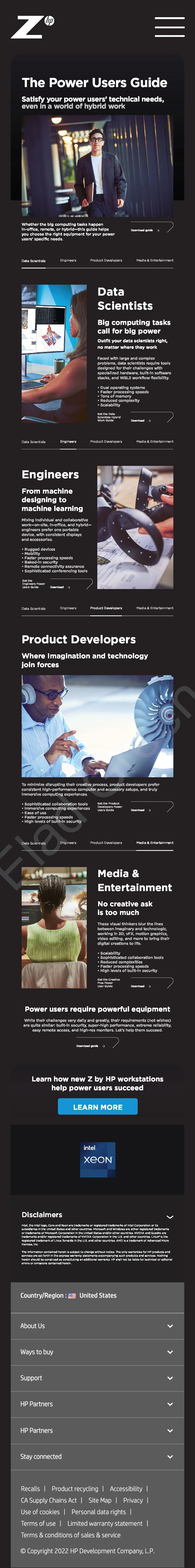 HP Z US "Hybrid Work Guide" Government mobile landing page, 01/2022.  As part of the complete rebranding creative for the HP Z US business, including drivers, video, infographics, and ebooks.