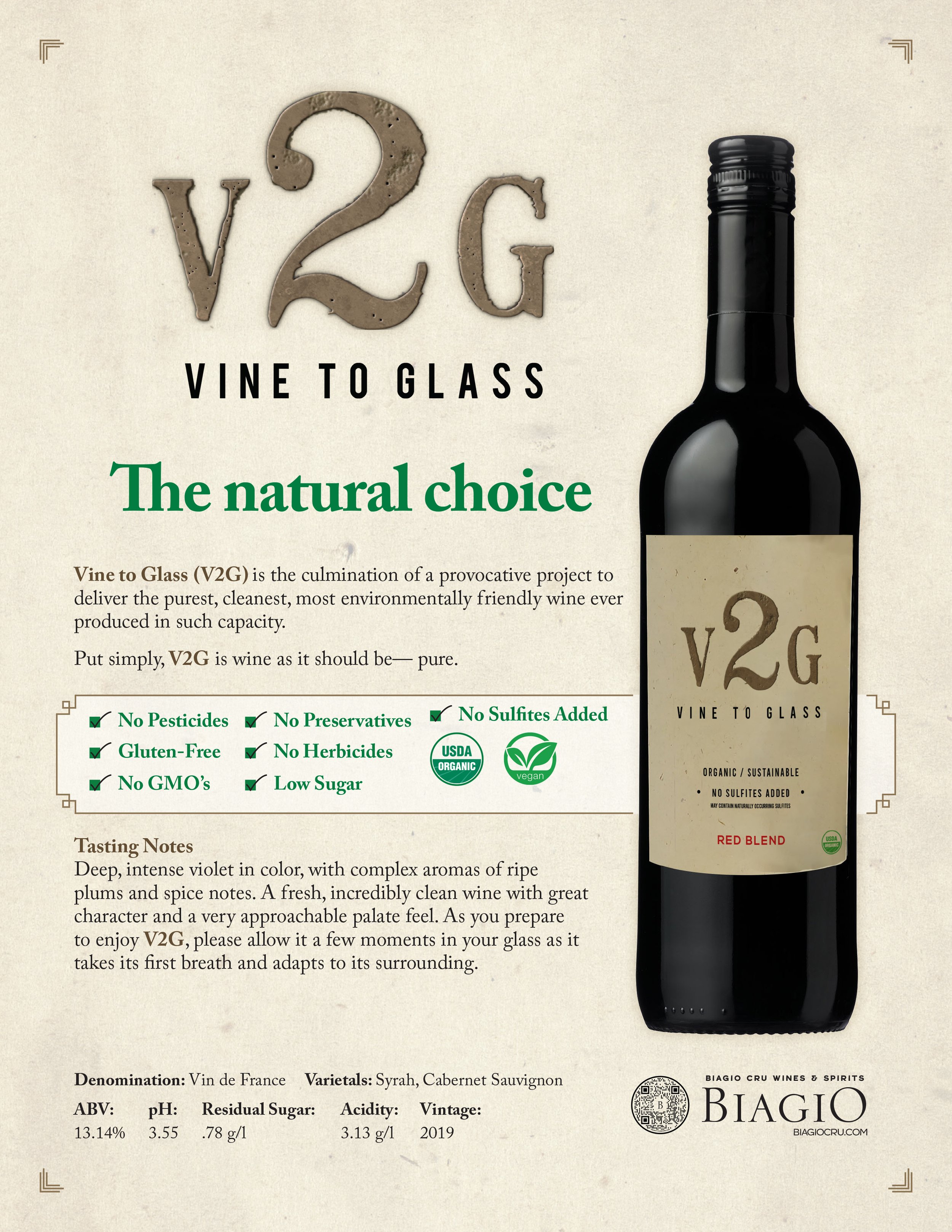 Vine 2 Glass (V2G) Red Blend Costco sellsheet - Biagio Cru Wines & Spirits, 03/2023