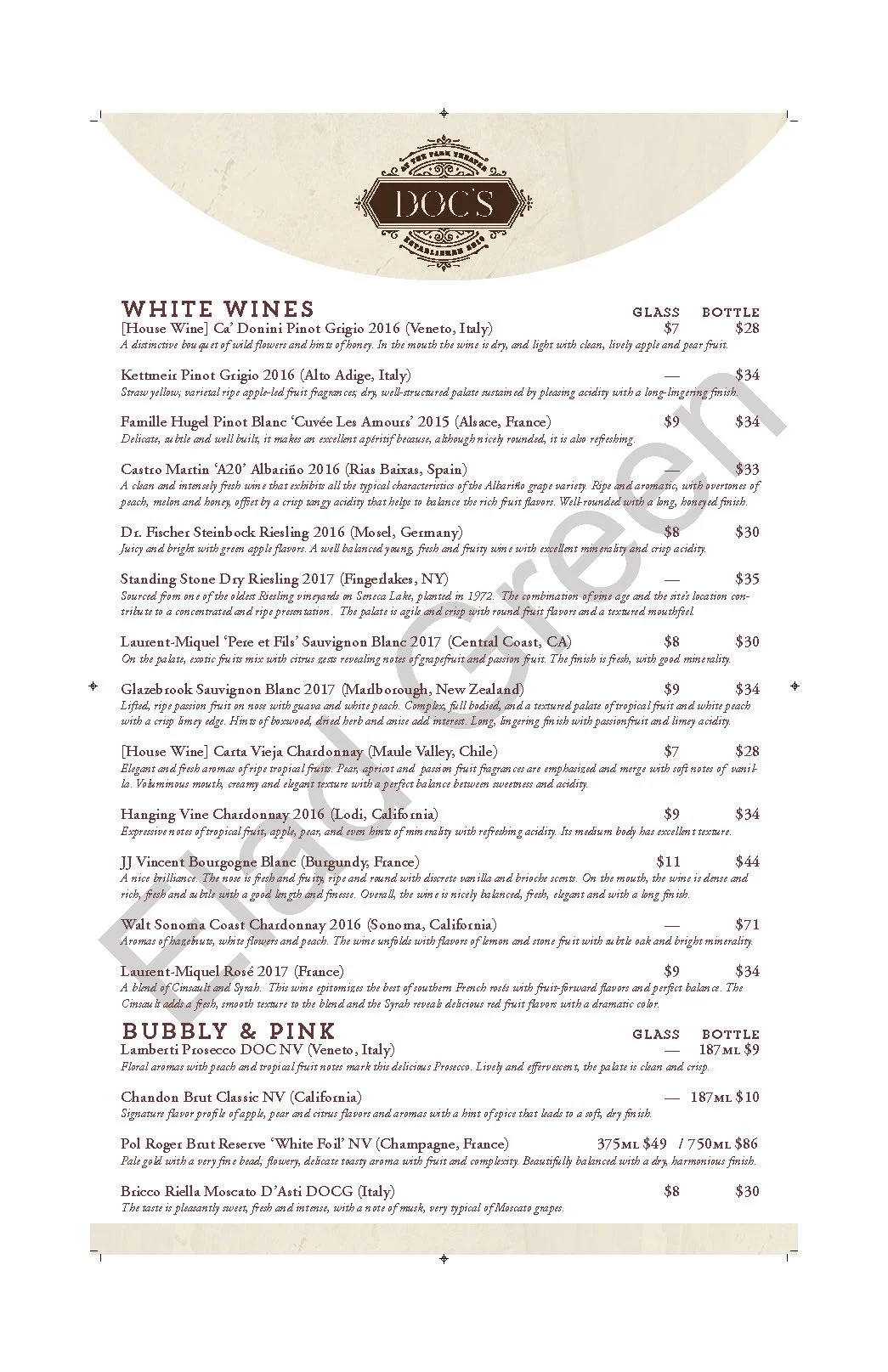 Doc's @ The Park Theater - wine menu, Glens Falls, NY, 08/2018 - 2020