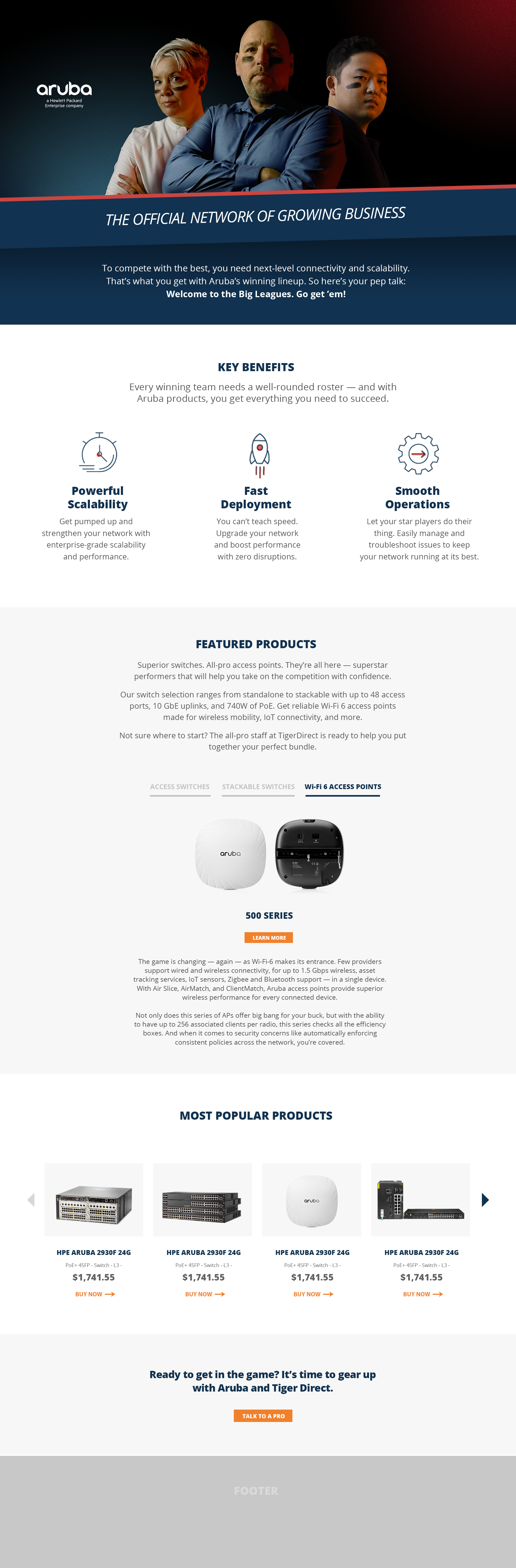 Aruba (HP) SMB "Big Leagues" web landing page, 03/2022.  Part of a complete campaign redesign covering video and web.