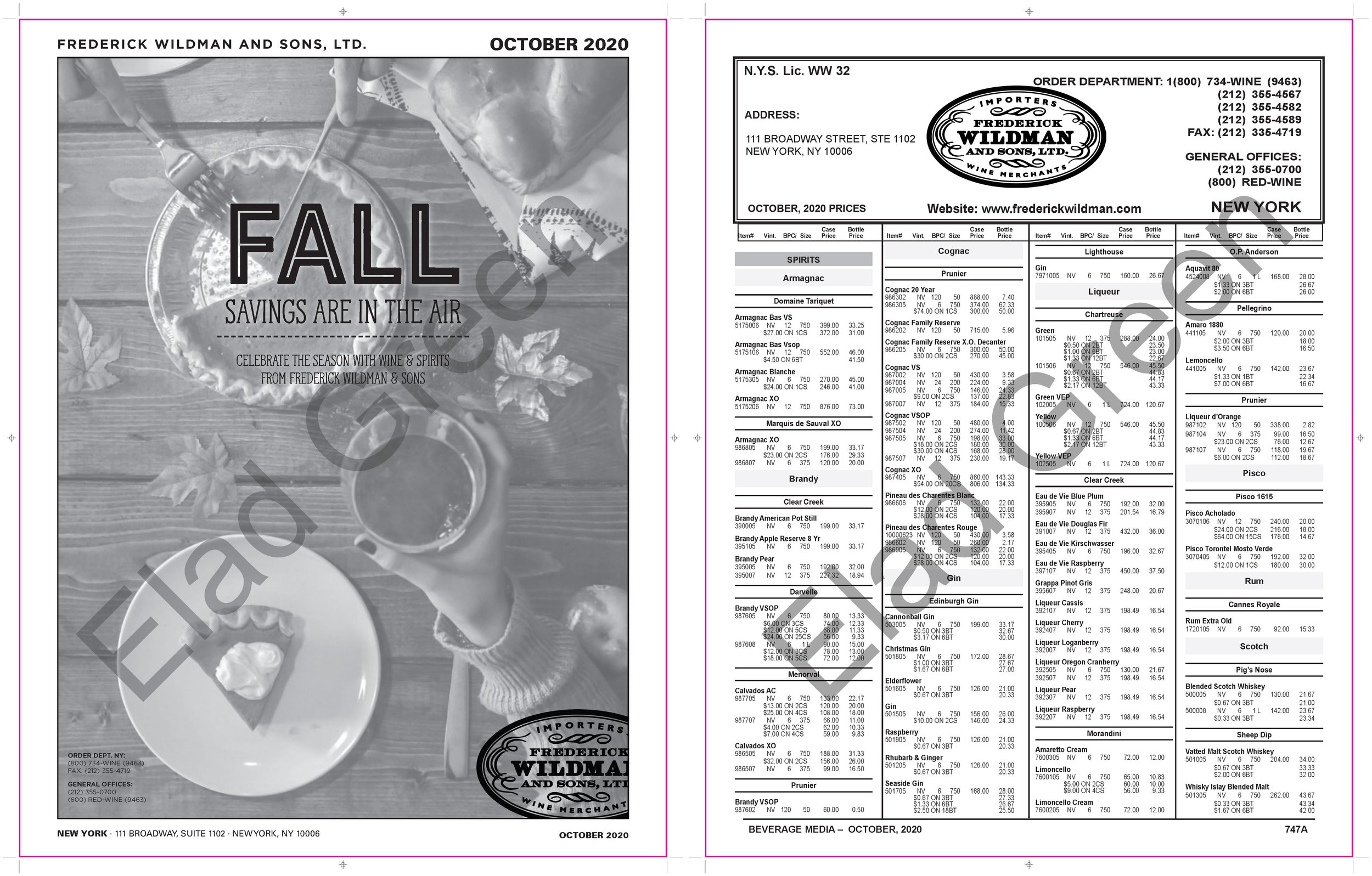 Frederick Wildman & Sons, Ltd. - NY Wholesale pricebook for 10/2020.
30 page monthly price book for the sales team. Responsible for the cover design, data merge, layout, production and shipping