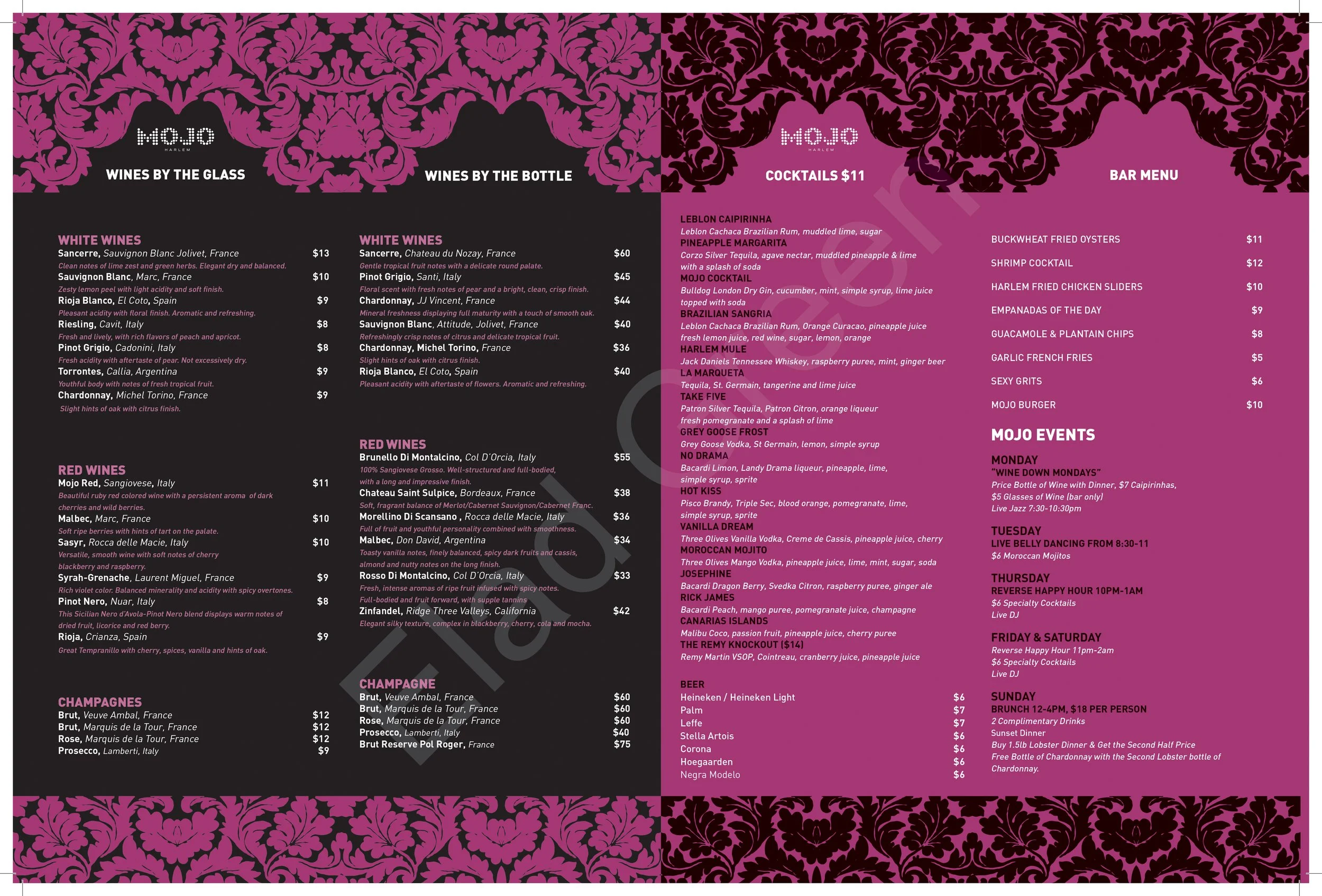 MOJO Harlem - wine list, NYC, 2011 - 2014