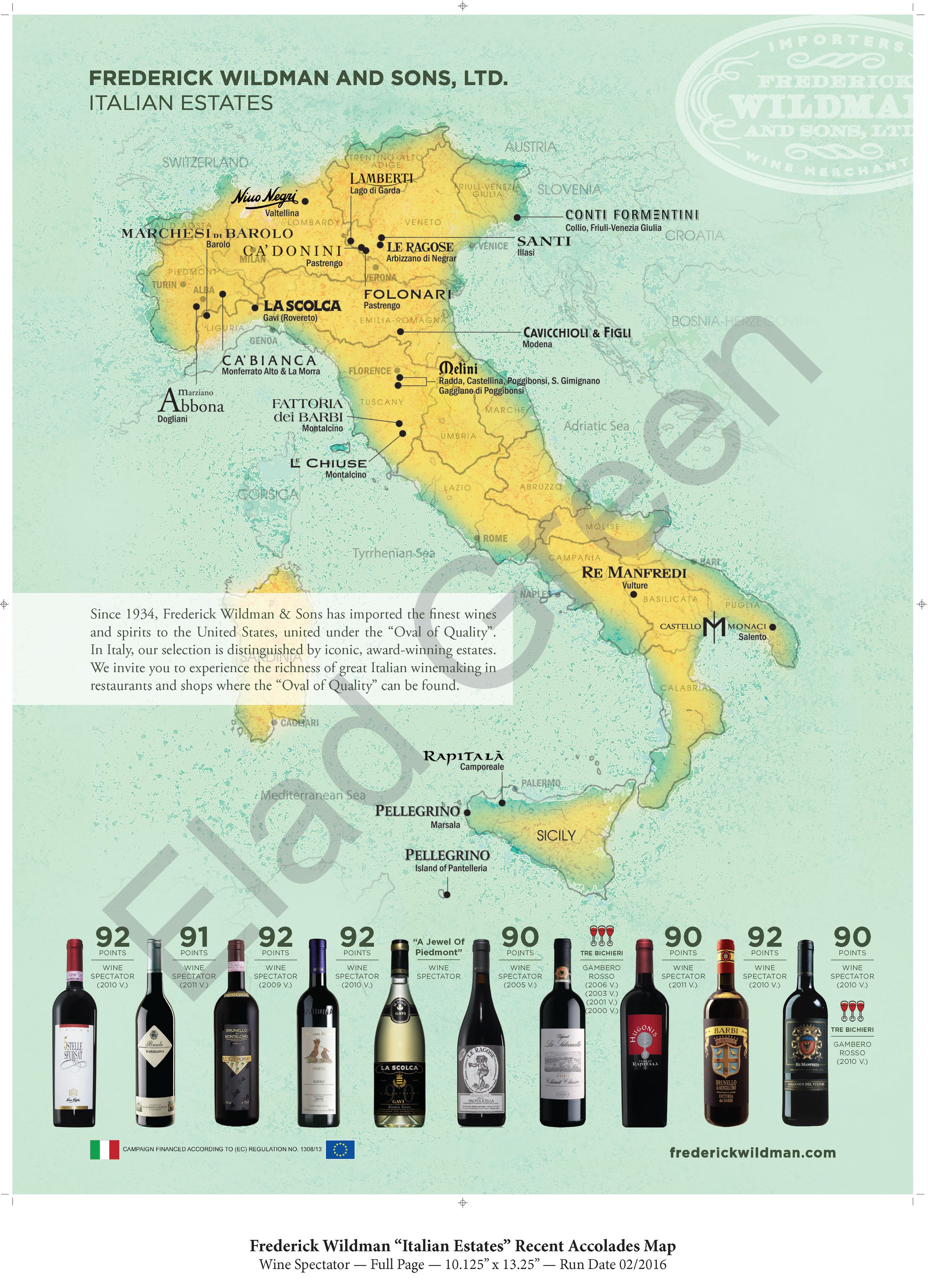 Frederick Wildman "Italian Estates Scores" Wine Spectator, 02/2016 ad