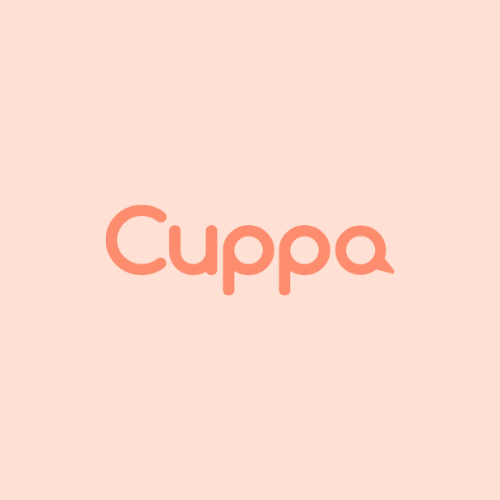 Pink background with the word 'Cuppa' written in large, orange letters.