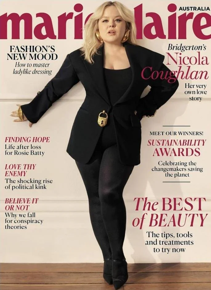 Cover of Marie Claire Australia magazine featuring Nicola Coughlan in a black blazer and leggings, with headlines about fashion, hope, political kink, conspiracy theories, sustainability awards, beauty tips, and her love story.