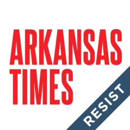 Logo of Arkansas Times with a blue banner saying 'Resist' in white text.