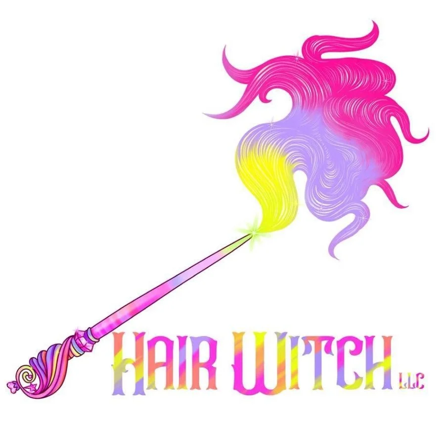 A colorful illustration of a magic wand with rainbow-colored hair flowing from the tip, and the words 'Hair Witch LLC' in rainbow-colored text below.