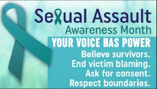 Graphic promoting Sexual Assault Awareness Month with a teal ribbon and supportive messages.