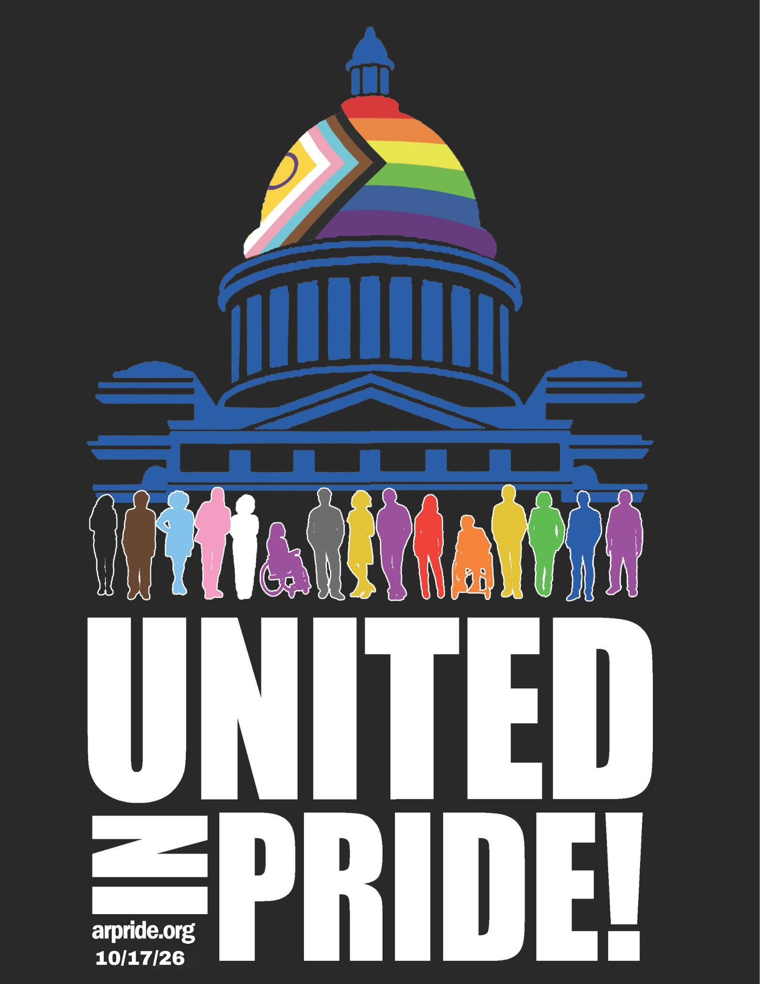 Illustration of the U.S. Capitol building with a rainbow-colored dome and a diverse group of people in front, promoting LGBTQ+ pride and unity.
