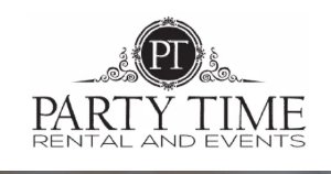 Party Time Rental and Events logo with decorative elements and initials 'PT'