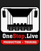 Black and white illustration of a stage with curtains, with a red banner below reading "One Stop. Live" and white text "PRODUCTION - TOURING".