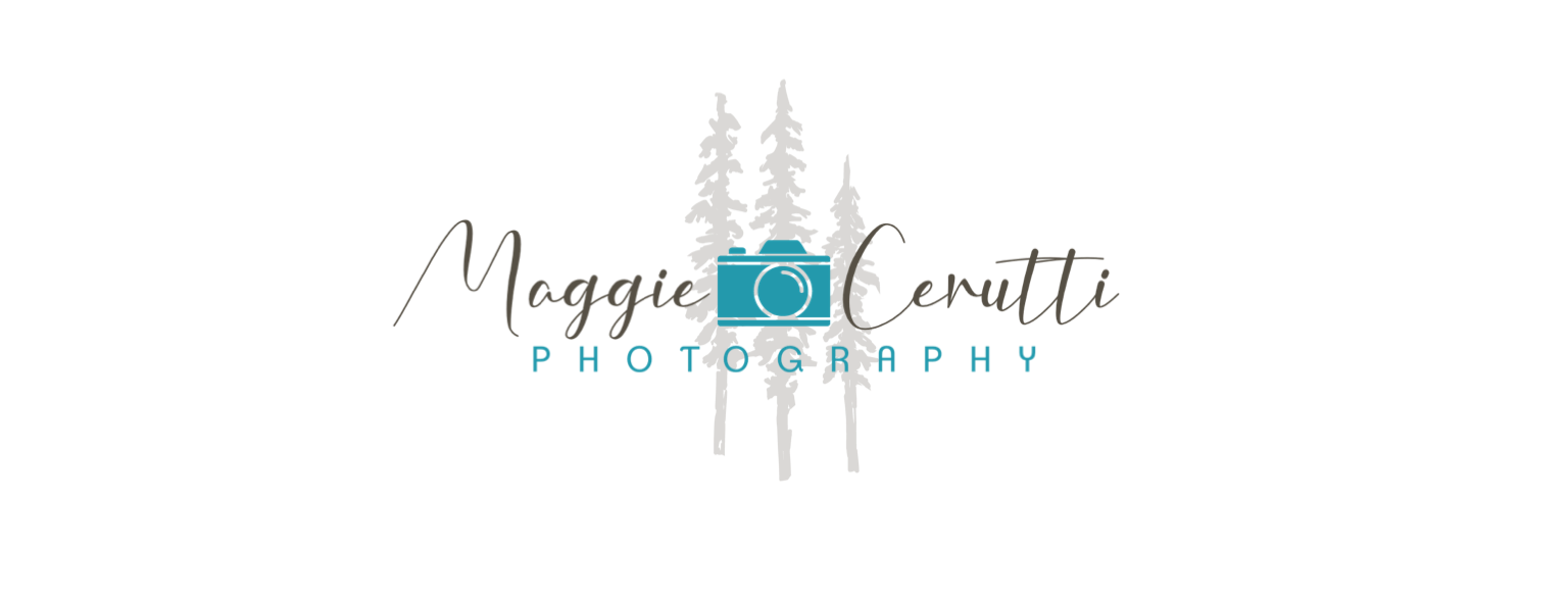 Logo for Maggie Cerutti Photography featuring a camera with three pine trees behind it and the name Maggie Cerutti in cursive below, with 'Photography' in uppercase blue letters.