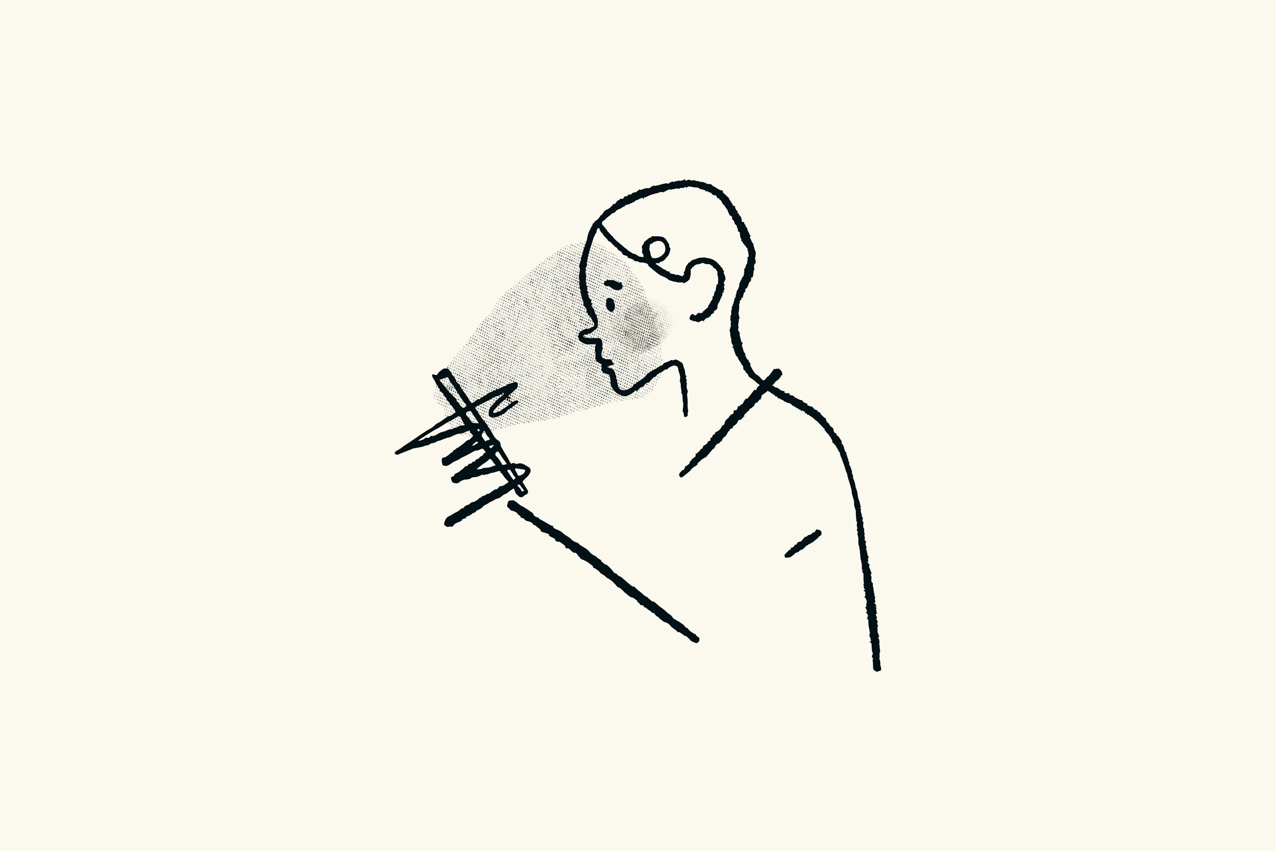 Illustrated sketch of a person looking down at a cellphone in their hands, symbolizing digital media, modern storytelling, social media culture, and the evolving relationship between technology and creativity.
