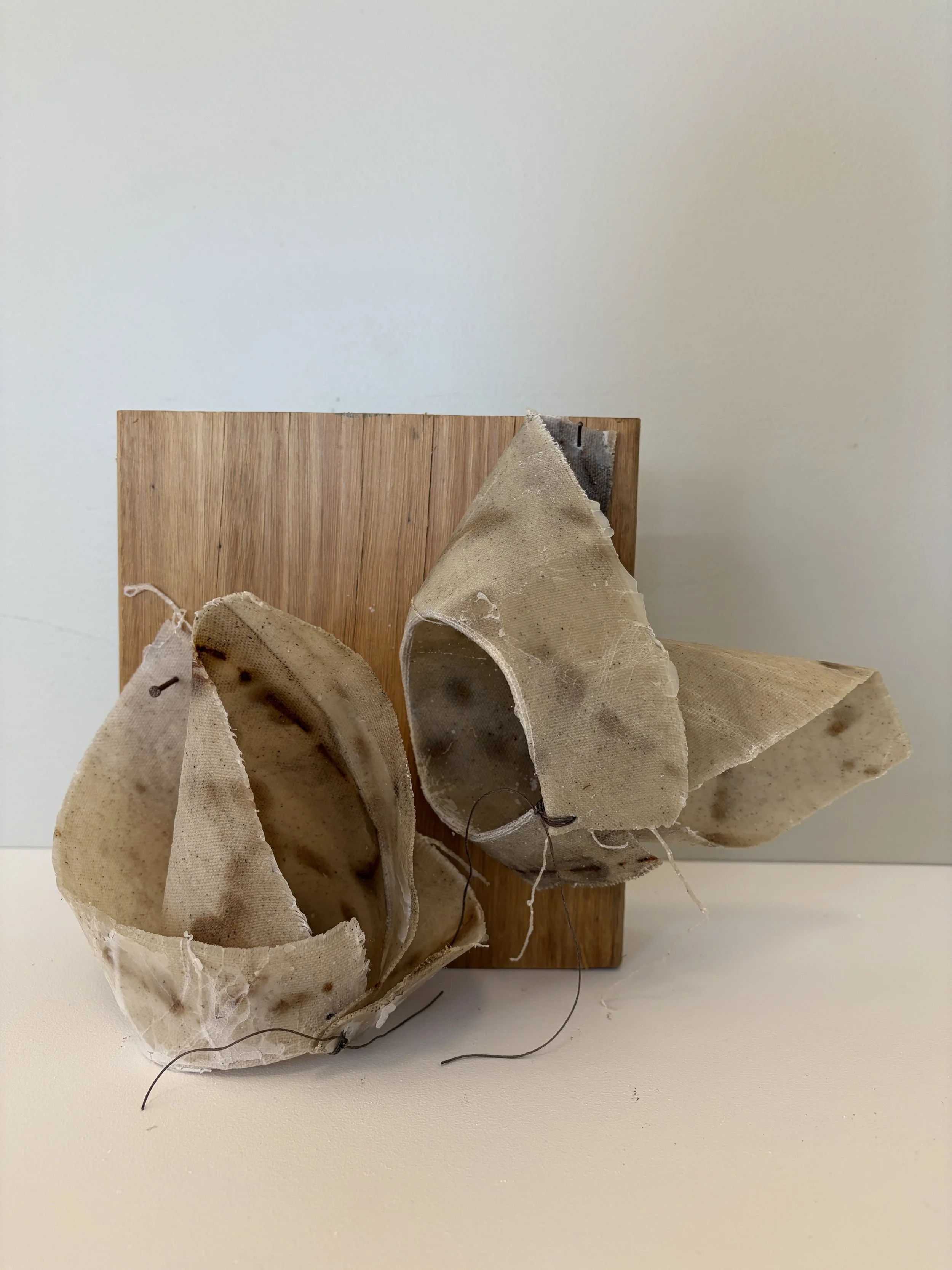 "Shoes" continues this dialogue in a more intimate, abstract form. Soft folds of translucent material curve into delicate, shoe-like structures that in their fragility appear to hold empty space, yet the memory of prayer is held within them. Their or