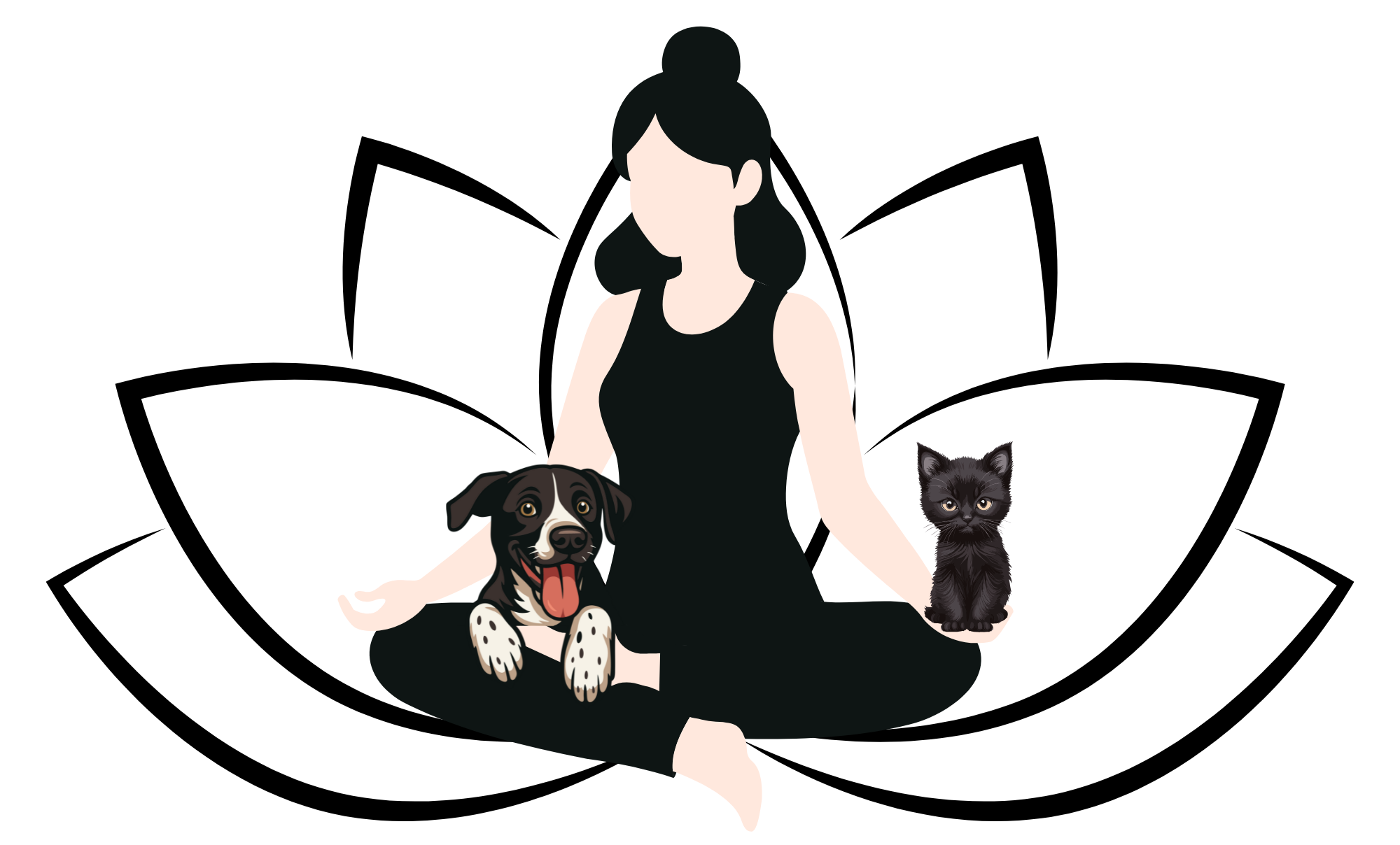 Illustration of a woman with black hair sitting cross-legged with a black dog and a black kitten, both sitting on her lap, against a black background.