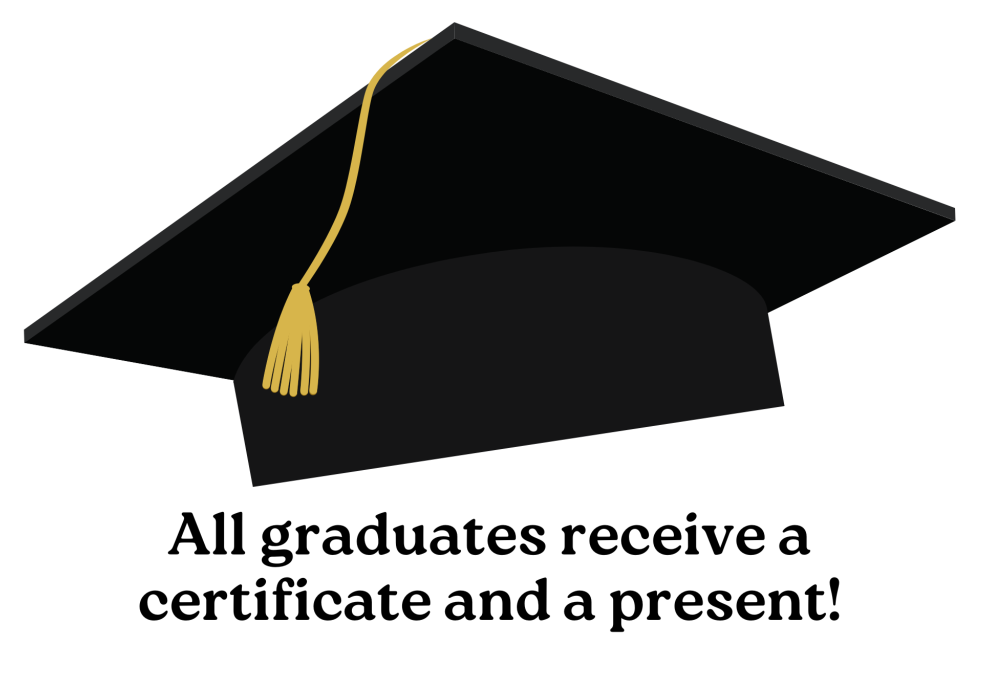 Graduation cap in black with a gold tassel, viewed from a slightly below angle as if resting on a surface.