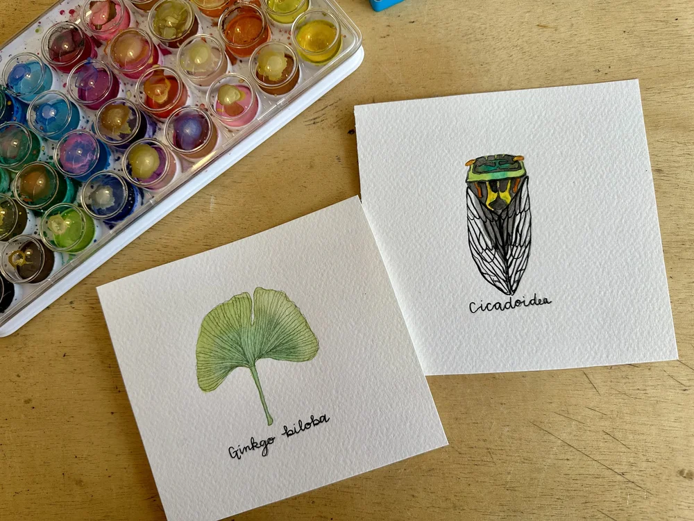 Watercolor paintings and a palette on a worktable