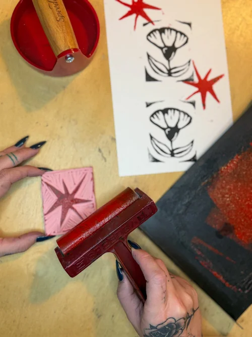 Linocut prints in black and red