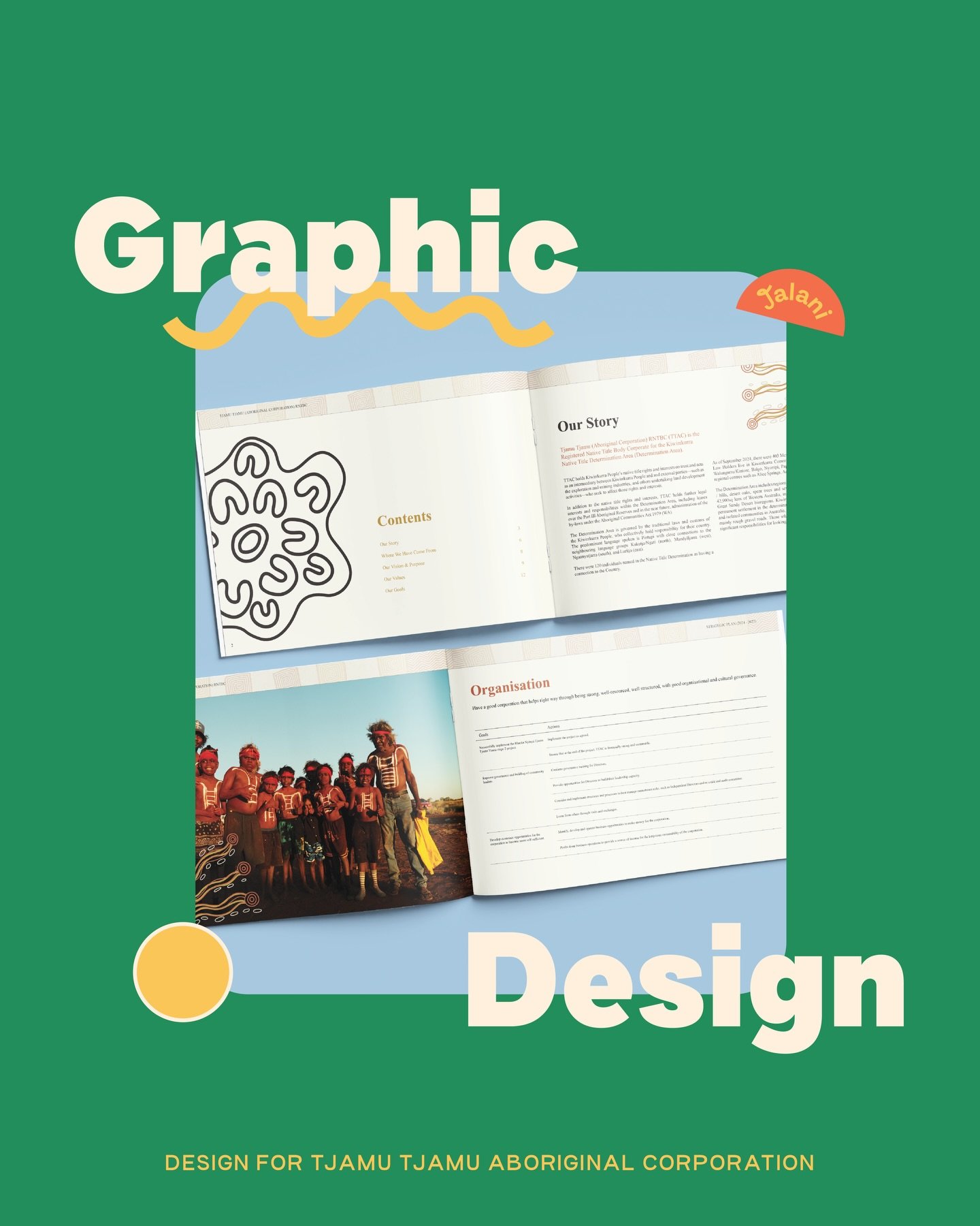 Jalani Media was engaged by Tjamu Tjamu Aboriginal Corporation to design their Strategic Plan, featuring digitised artwork created during a collaborative workshop we facilitated. The artwork was woven throughout the document, bringing community voice