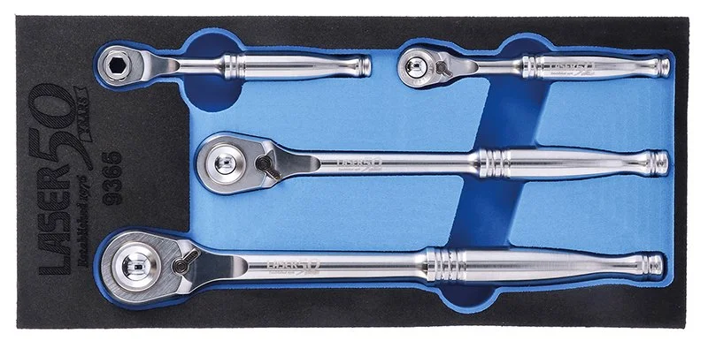 the new Laser Tools stainless steel ratchet set (part number 9365), combines premium materials, fine-tooth mechanisms and corrosion resistance in a compact four-piece kit