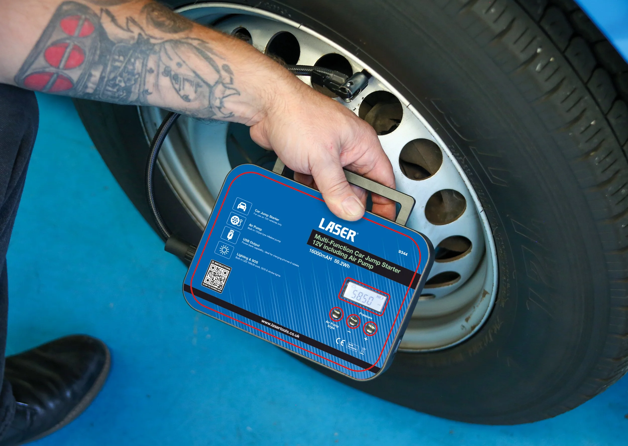 All-in-one jump starter with built-in tyre inflator
