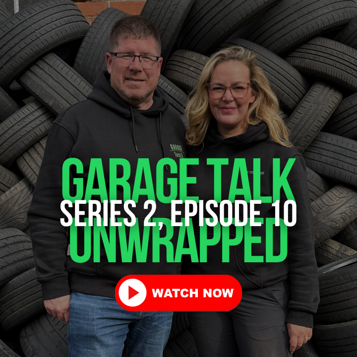 A man and woman standing in front of a pile of black tires, both wearing black hoodies, with the text "Garage Talk Unwrapped Series 2, Episode 10" and a "Watch Now" button.