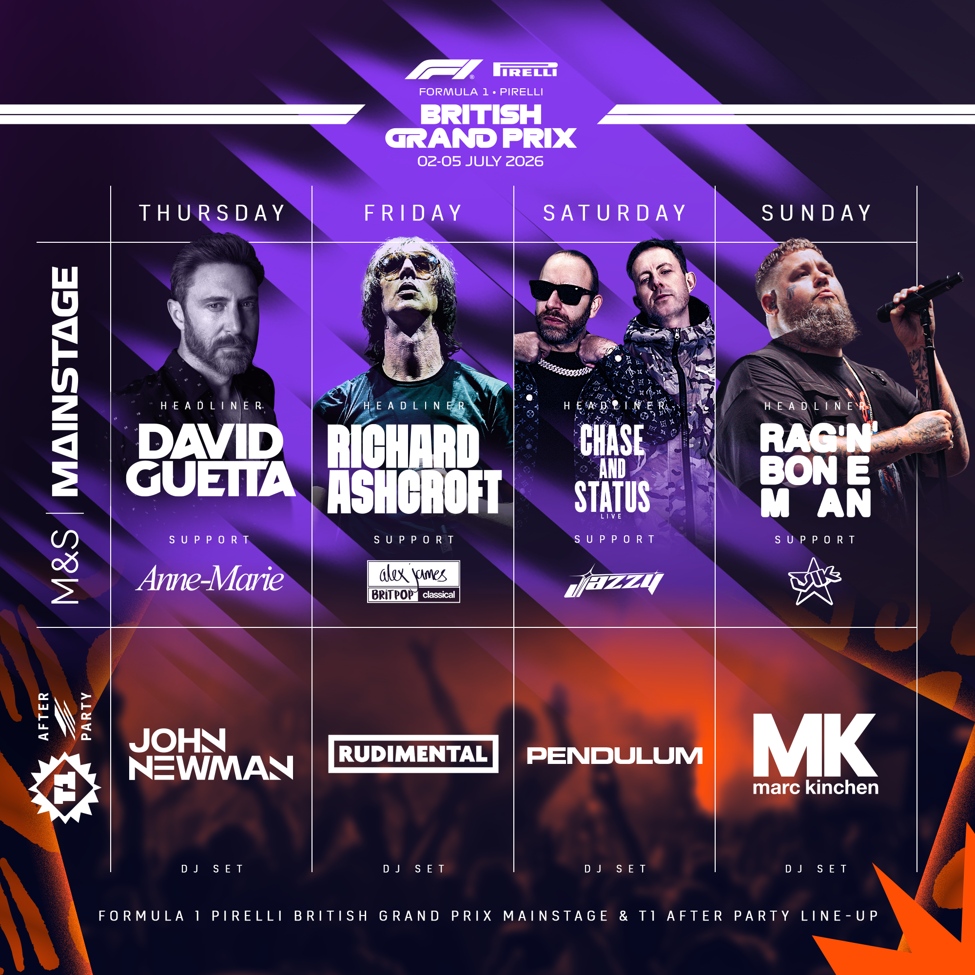 Silverstone has today confirmed the full music programme for the Formula 1 Pirelli British Grand Prix 2026