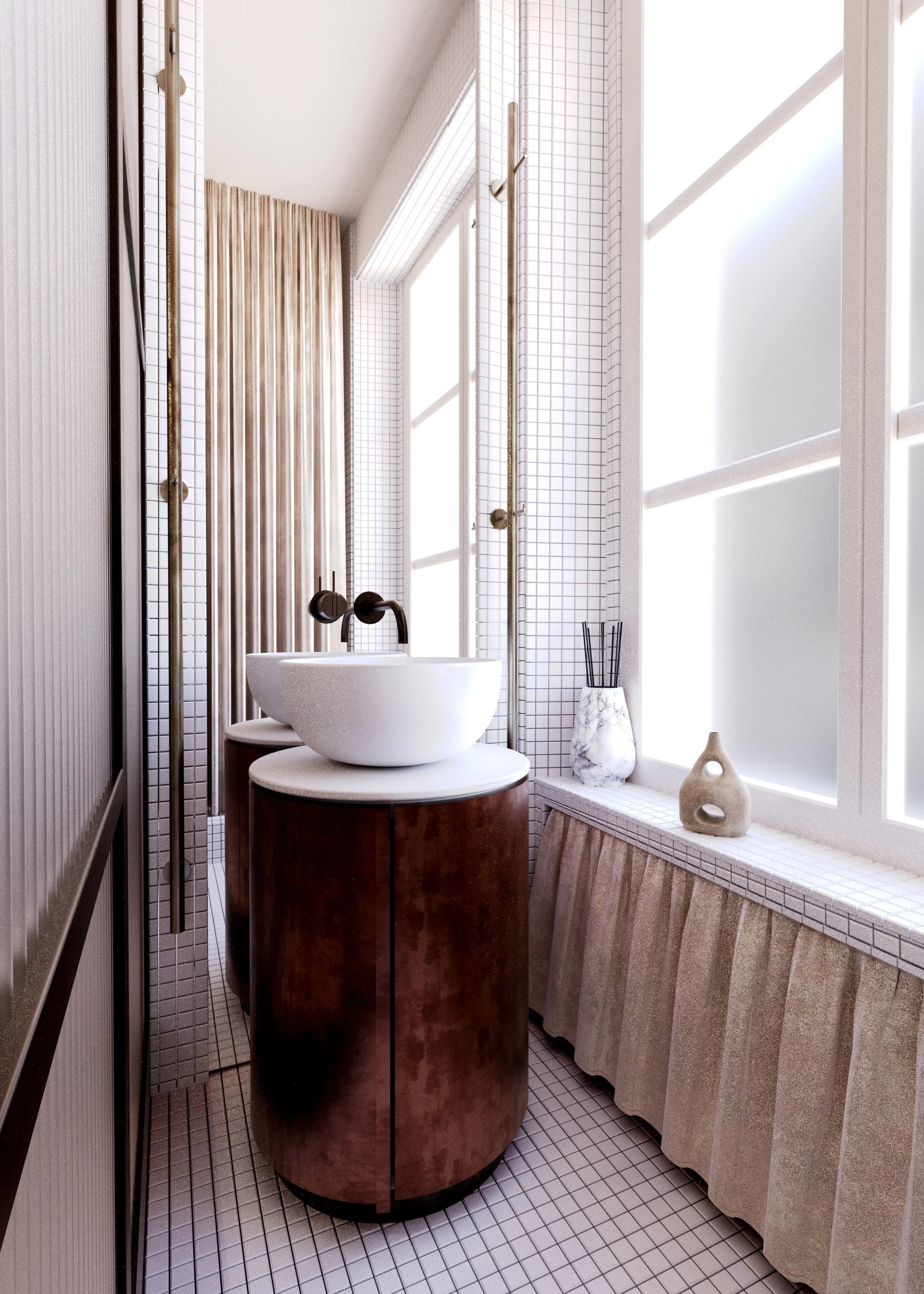 Interior of a modern bathroom with a bright window, a white sink on a dark wood cabinet, minimalist decor with marble vases and a beige curtain shelf.