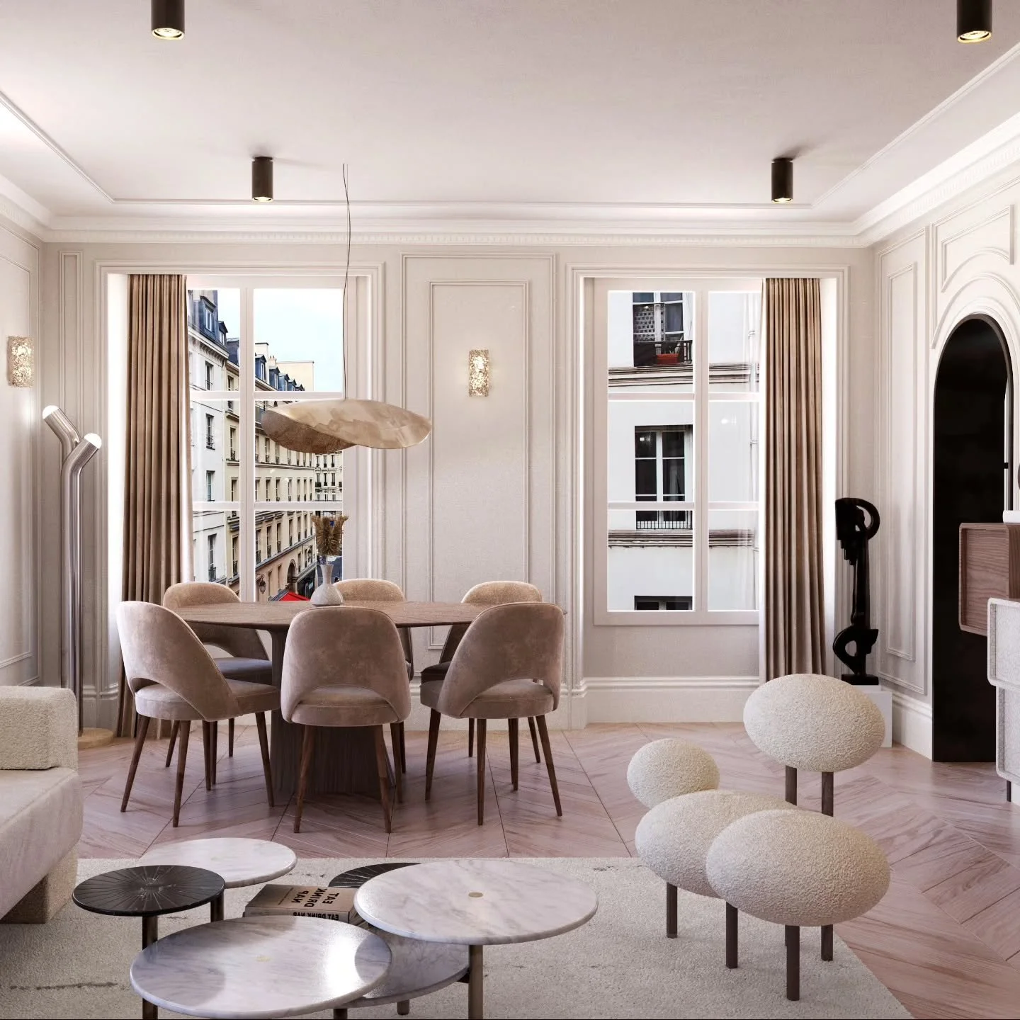 Projet Lescot
Salle à manger ‐ un espace baigné de lumière naturelle, aux tons neutres rythmés par des matériaux précieux. Une composition sobre, calme et ancrée.
Concept 3D en cours
*****
Dining ro