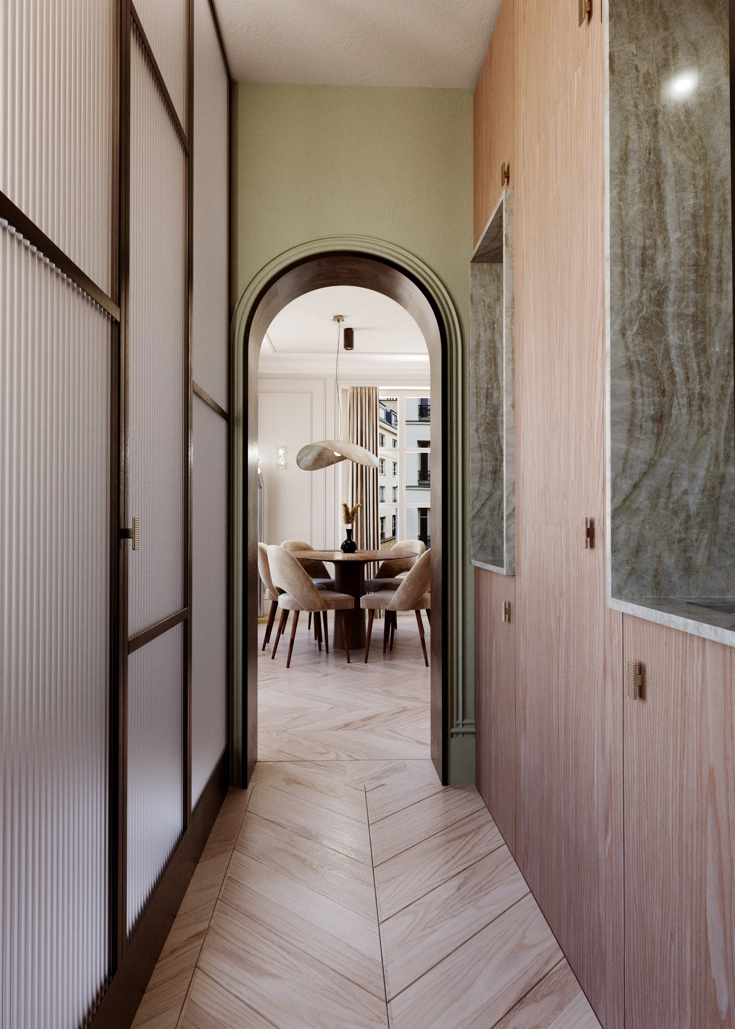 A passageway leads to a dining room with a round table and six beige chairs, a suspended ceiling lamp, large windows with beige curtains, walls in white and natural colors.