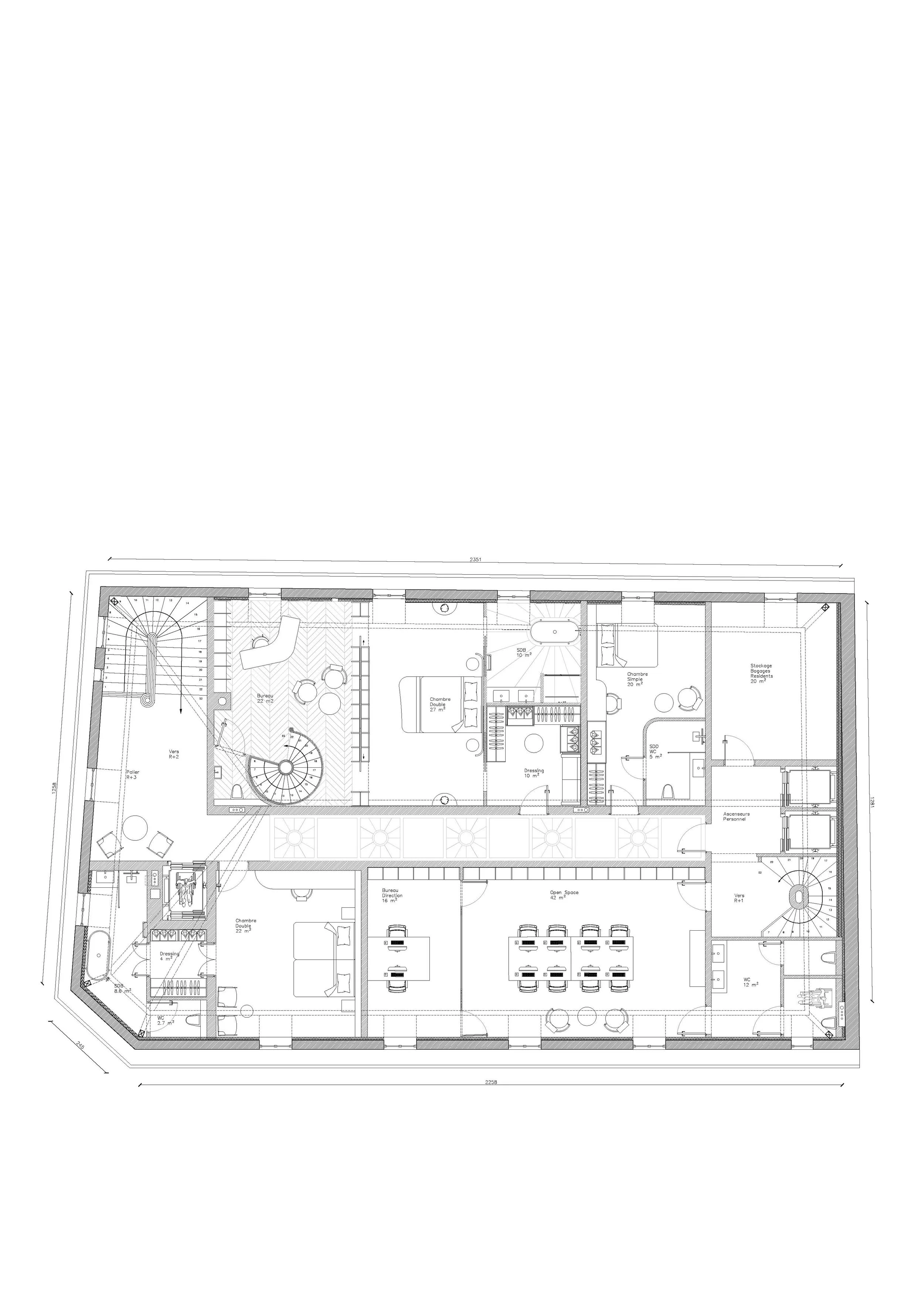 Floor plan of a building with several bedrooms, bathrooms, a meeting room and stairs.