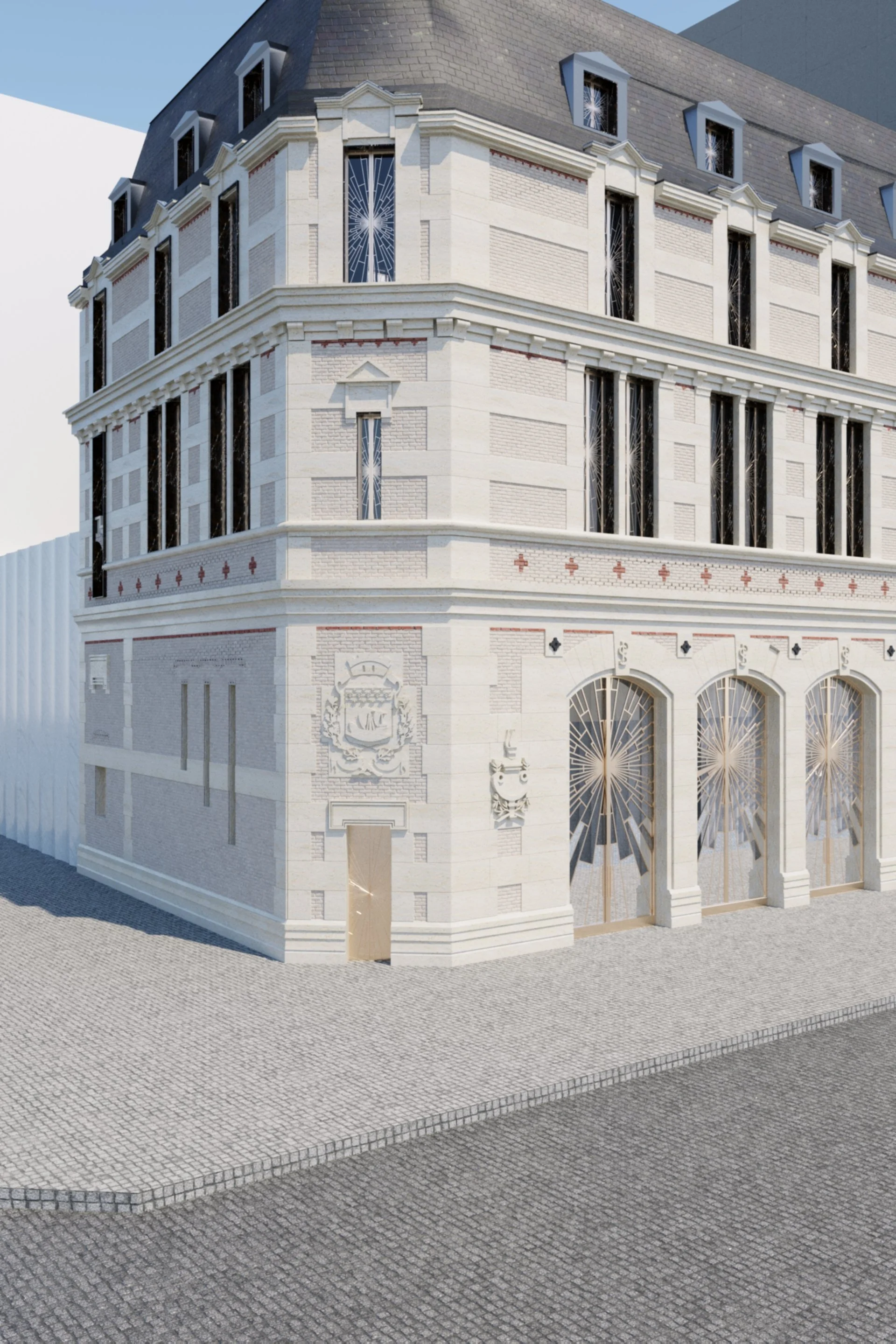 Antique white stone building with large decorative wrought-iron windows, carved details on the walls and a pitched roof.