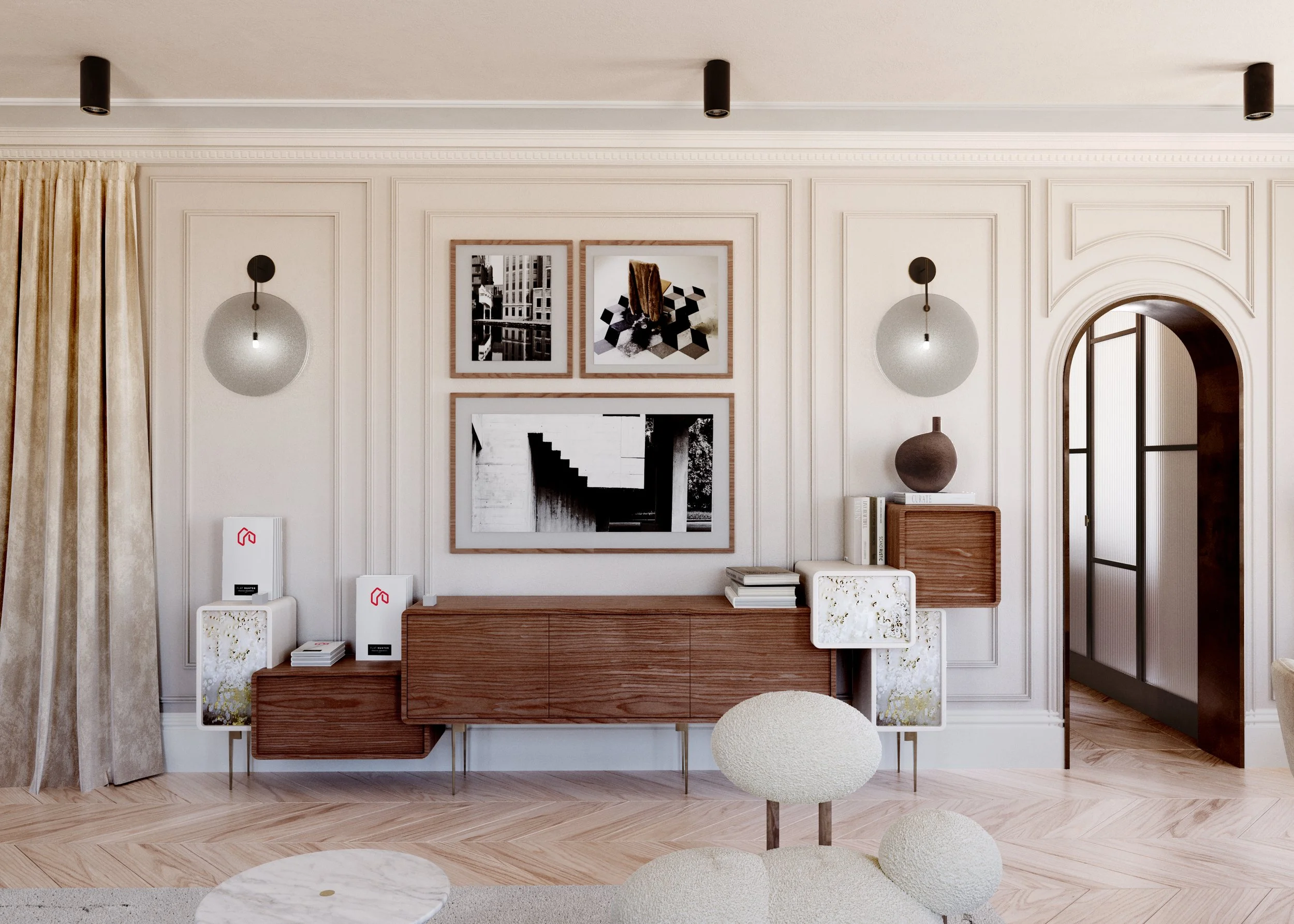 Modern interior with wooden furniture, wall art, wall lamps, arched door and ceramic decorations