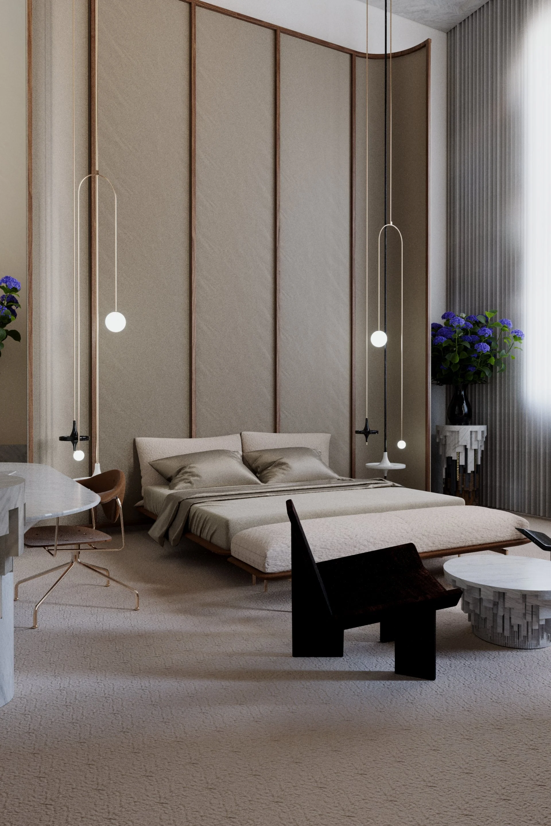 Modern bedroom with beige bed, gray curtains, hanging lamps and potted plants with purple flowers.