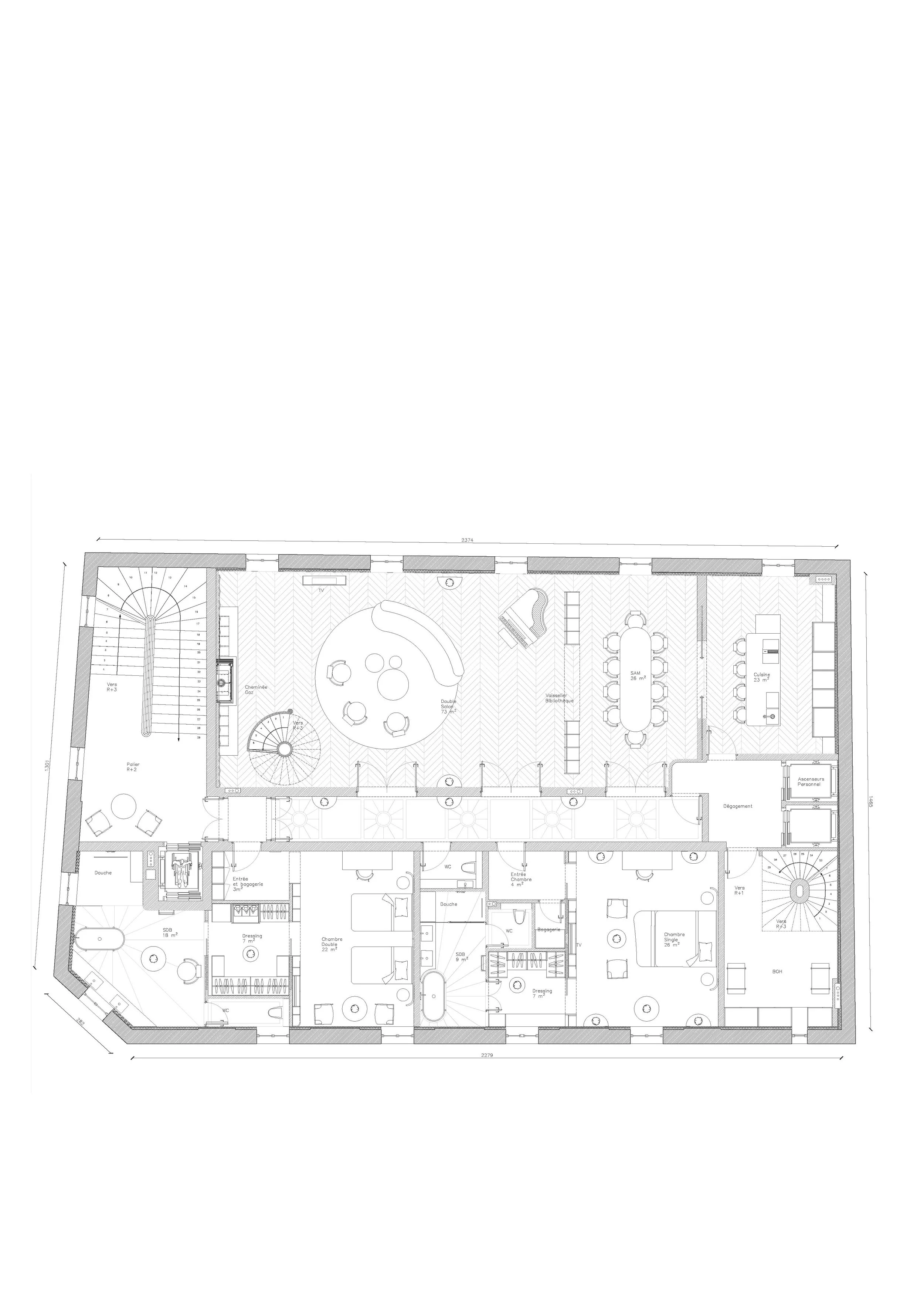 Detailed plan of an apartment or office with several rooms, furniture, staircases and work areas.