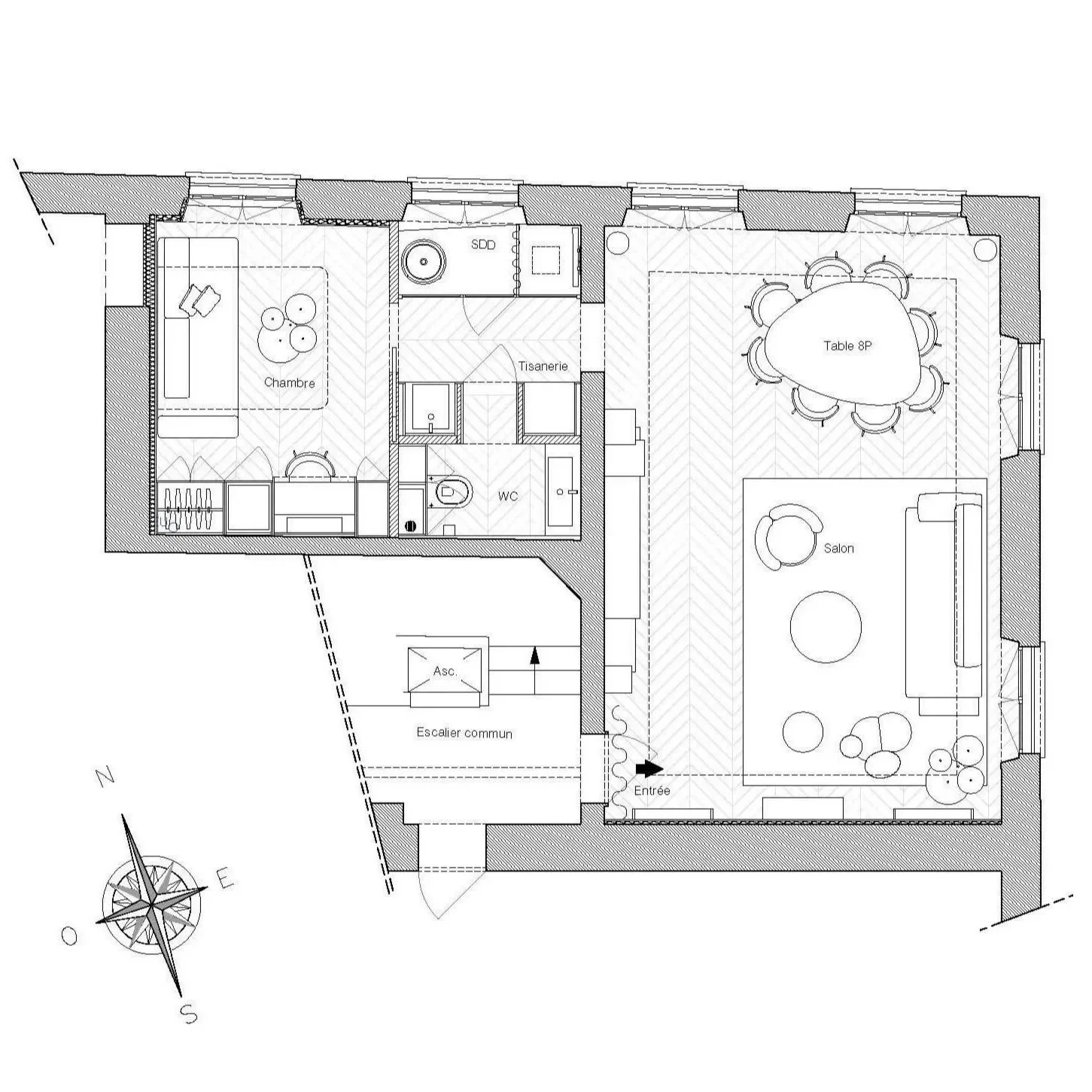 Floor plan of an apartment with various rooms such as bedroom, living room, dining room, kitchen, toilet and staircase. Includes bed, sofa, table, chairs, TV stand and various other rooms.