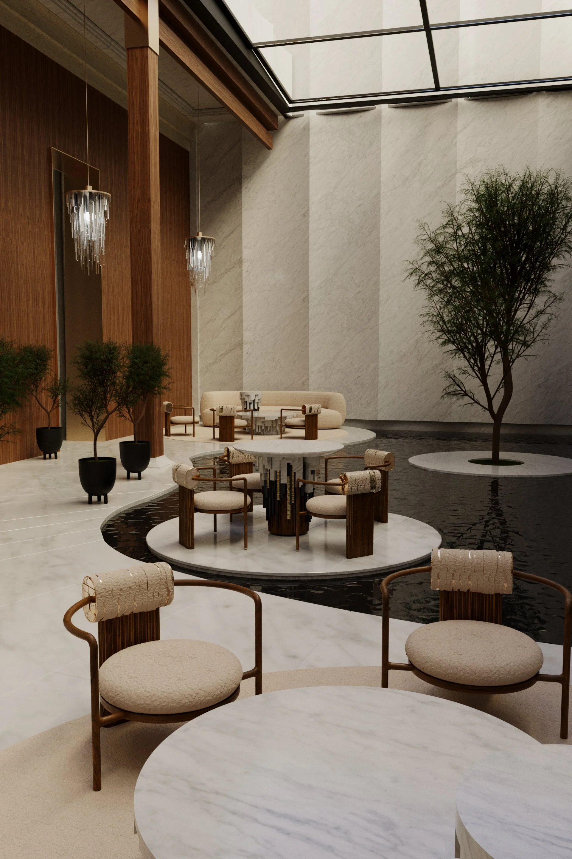 Interior of a hotel or reception room with armchairs, round tables and green plants, suspended chandelier lighting, light-colored marble walls and glass ceiling.