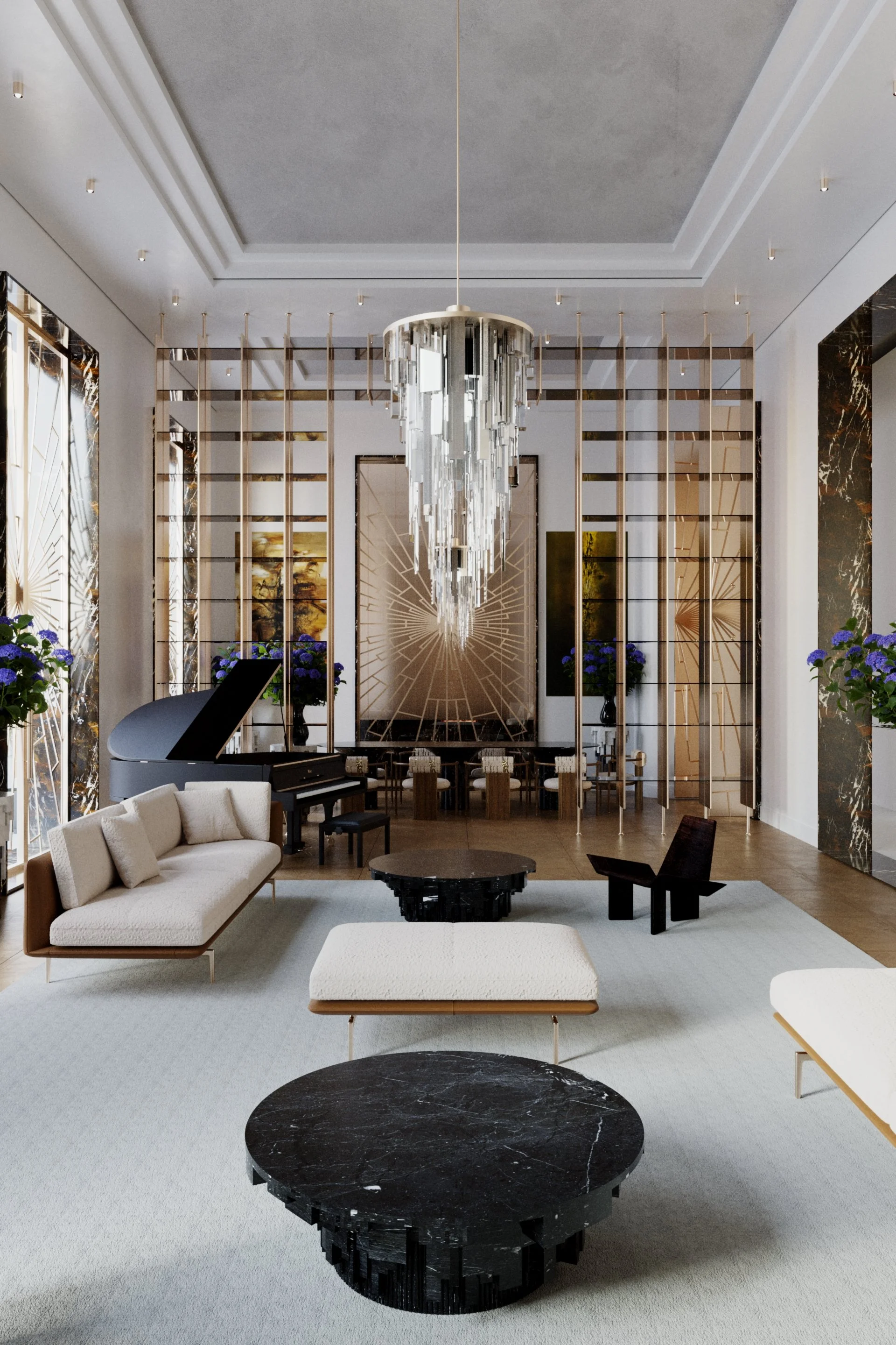 An elegant living room with a chandelier ceiling light, a black piano, a beige sofa, black tables and potted plants, with walls decorated in marble and a large, bright room.