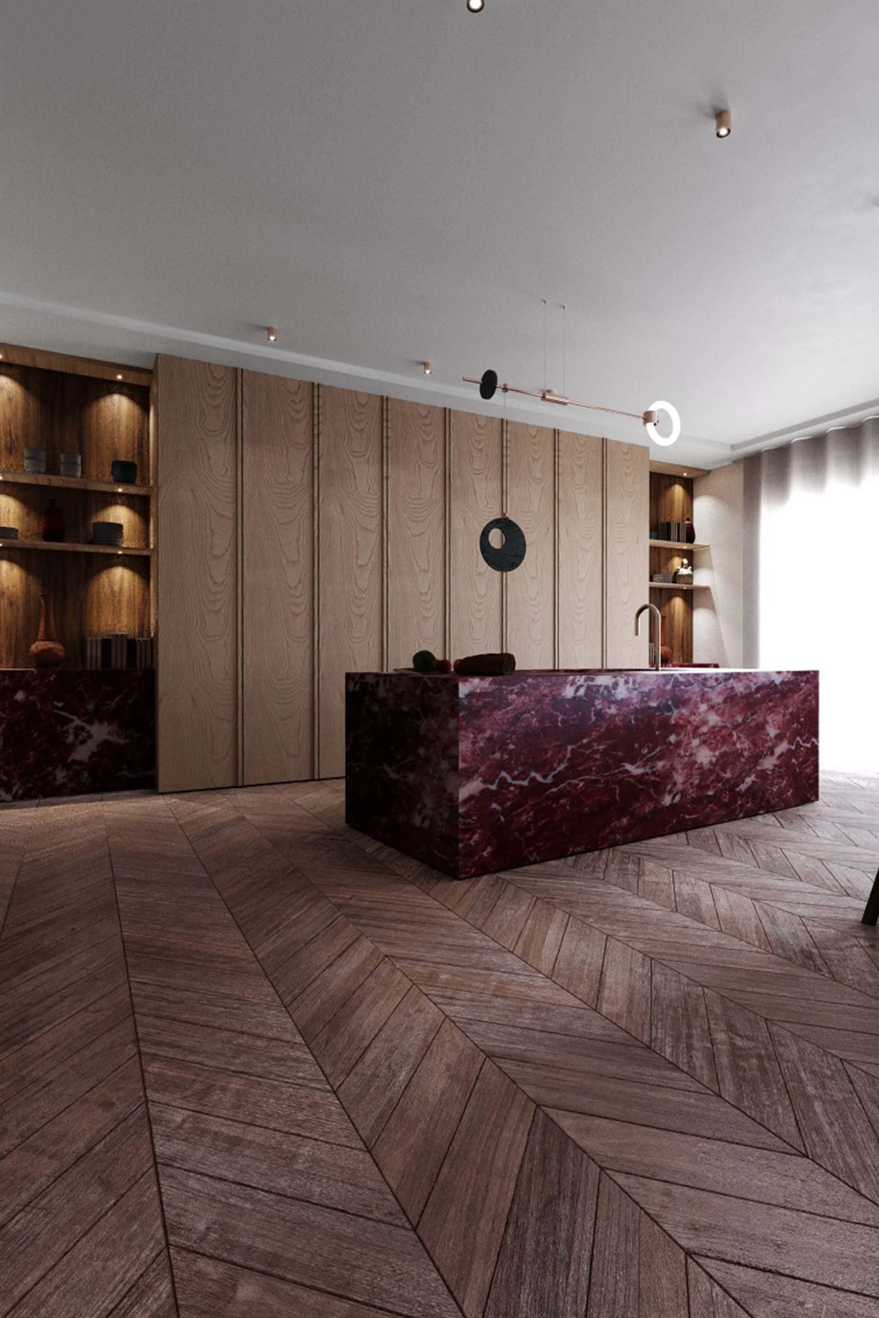 Une cuisine moderne avec un îlot en marbre rouge foncé et des étagères en bois clair. La pièce est bien éclairée avec des murs clairs et un sol en parquet en chevrons.