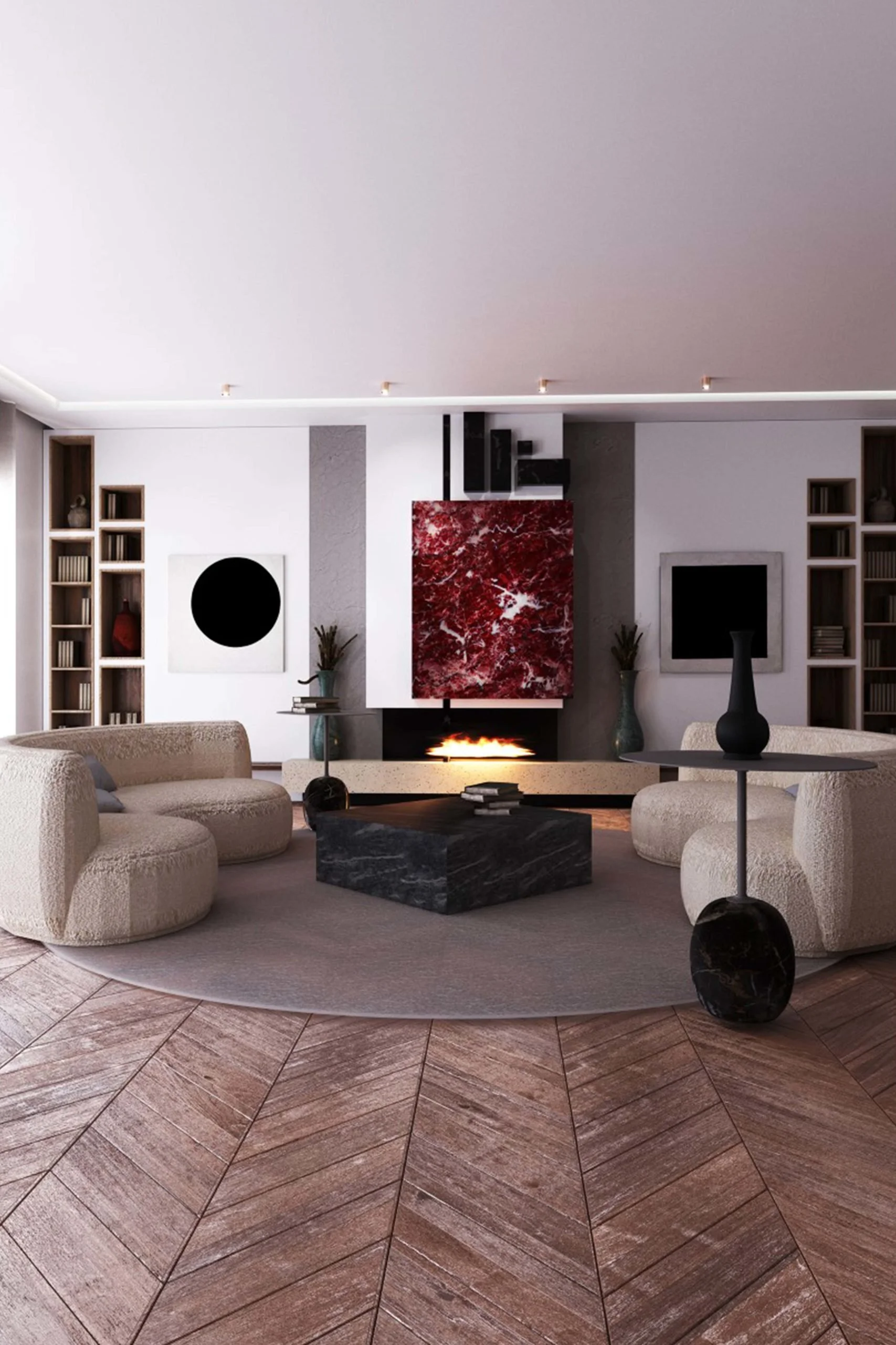 Salon moderne avec cheminée allumée, mobilier beige, œuvres d'art abstrait, étagères encastrées et décoration minimaliste.