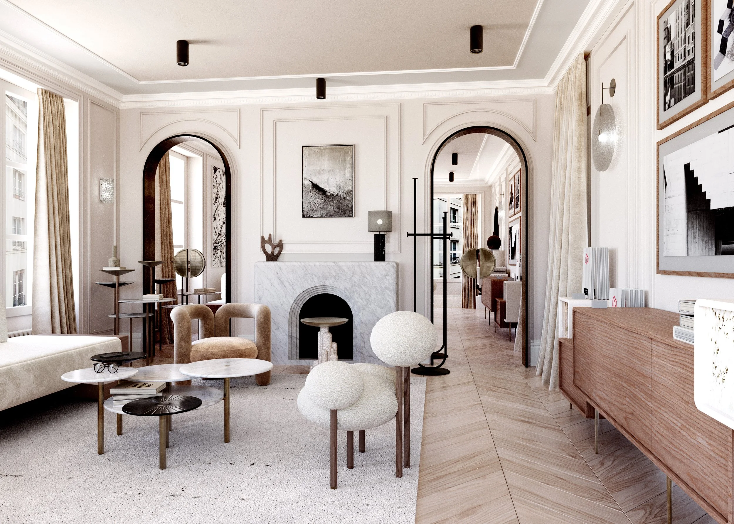 Bright living room with modern furniture, marble fireplace, artwork on the walls, and windows with beige curtains.