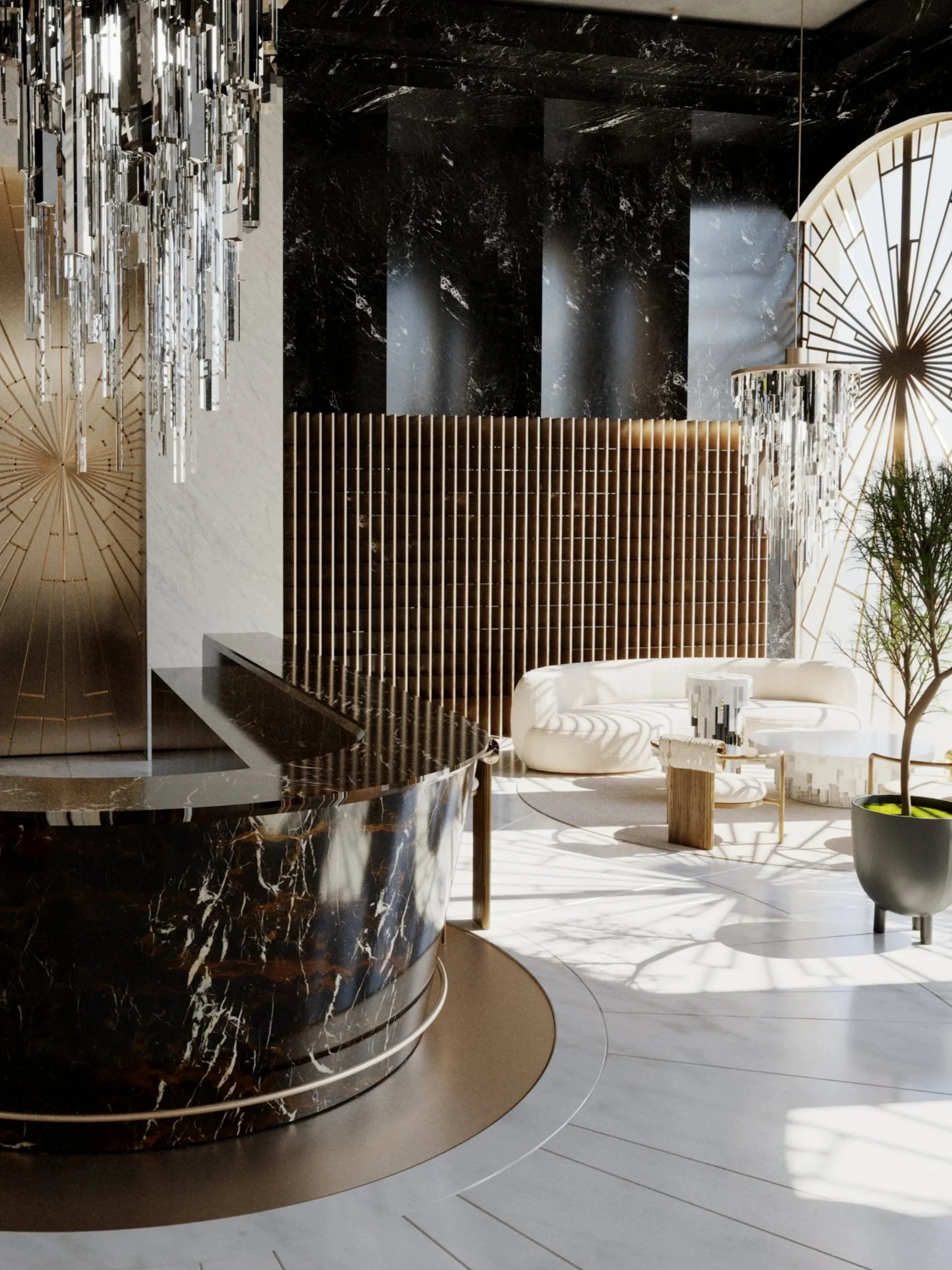 Elegant interior with black marble countertop, wood wall, white sofa, crystal pendant lamps, house plant and geometric metal motifs.