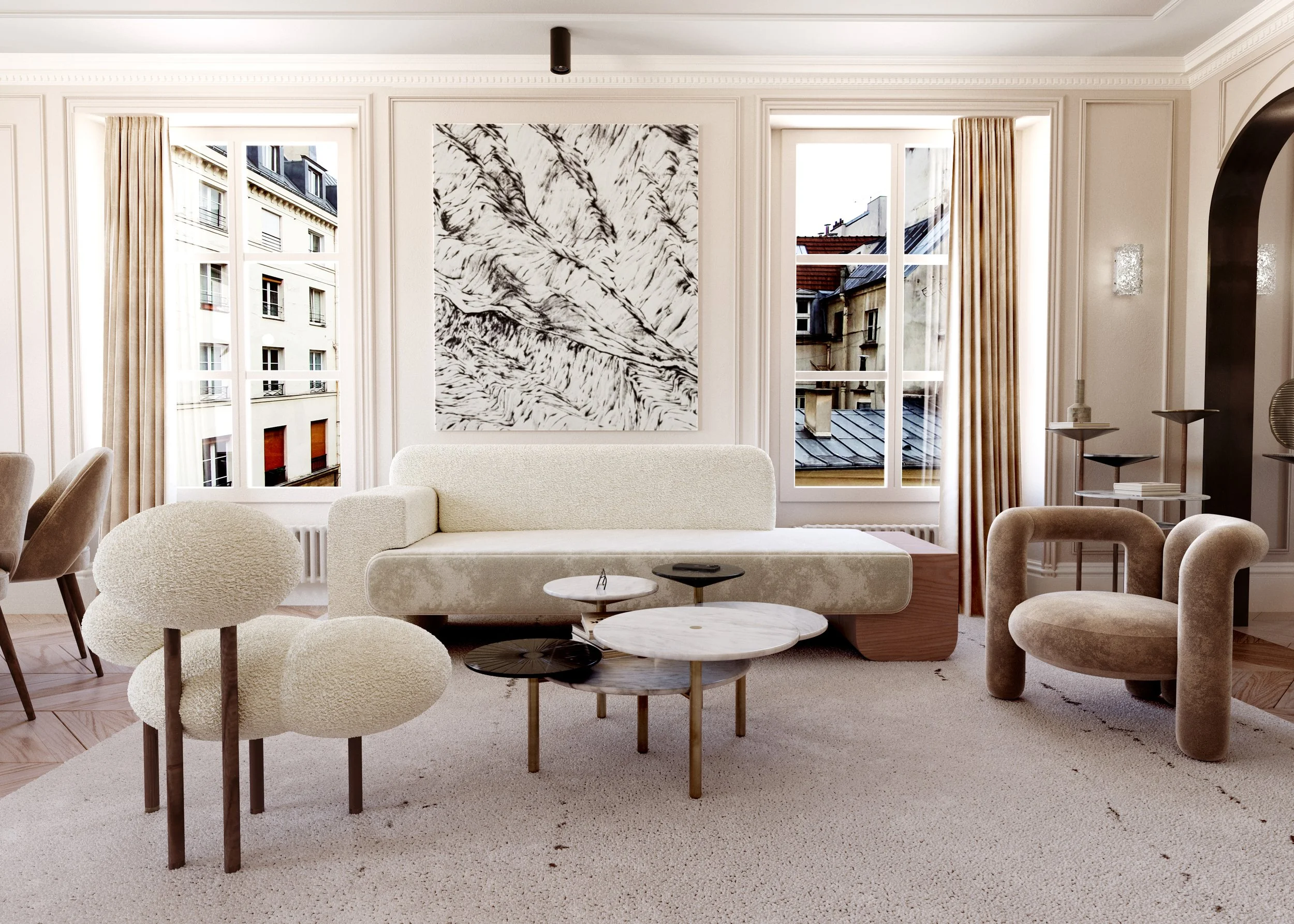 Living room with large beige sofa, voluminous armchairs, marble coffee tables and modern decor, windows with gold curtains, black and white painting on the wall, view of outside buildings.