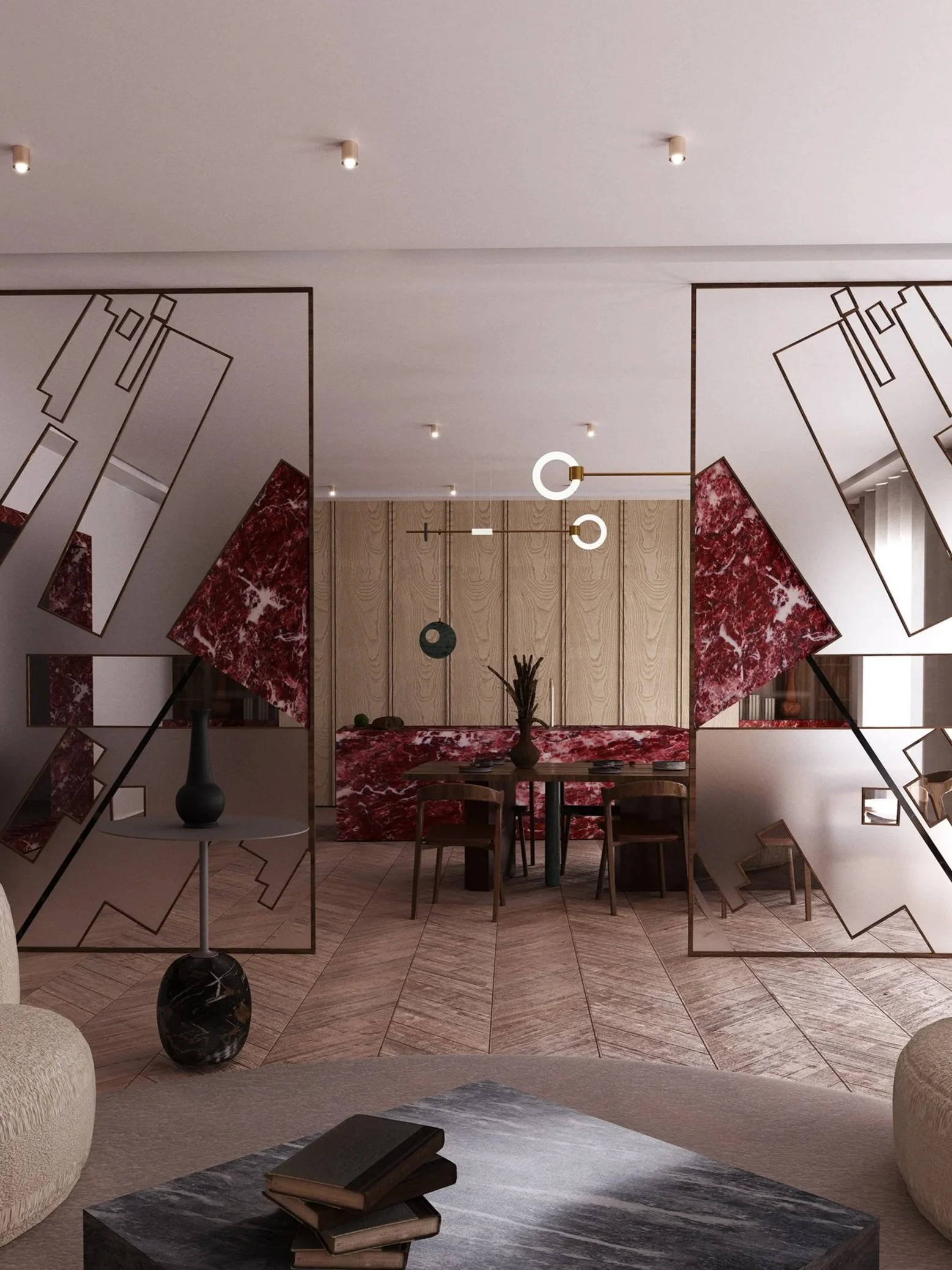 Un intérieur moderne avec des éléments décoratifs en marbre rouge et des structures en métal, comprenant une table ronde, des chaises en bois, une toile de fond en bois clair, des luminaires suspendus, et un vase avec des branches au centre.