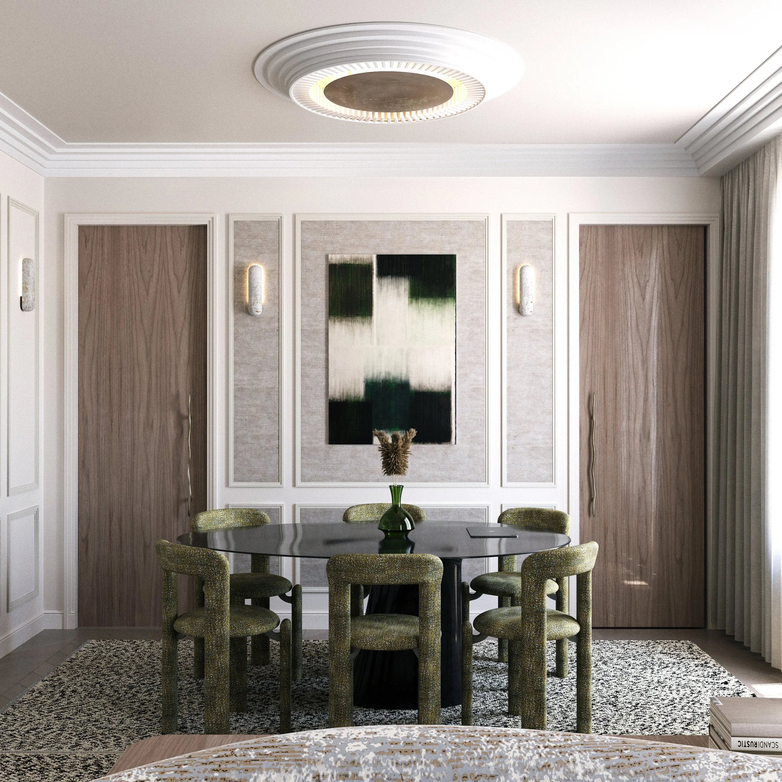 Elegant dining room with decorative wall, modern painting and round table surrounded by six green chairs.