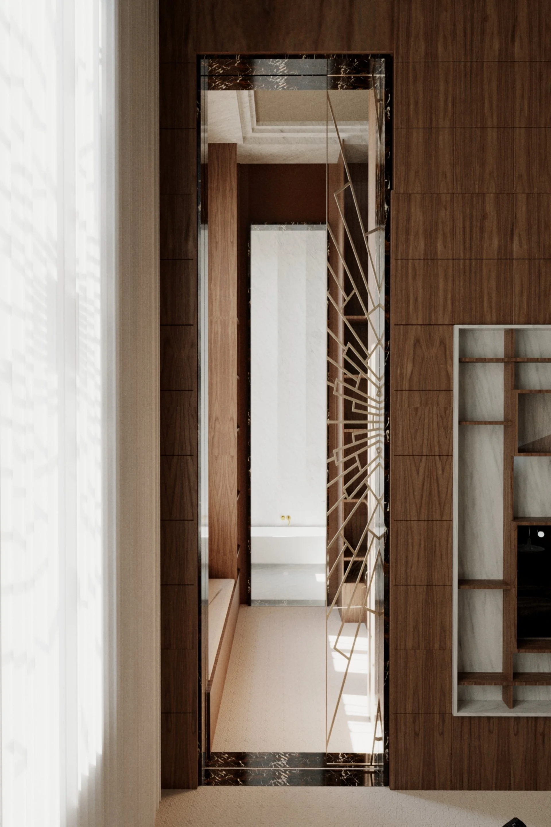 View through a wood-framed mirror, reflecting a modern interior with white marble and wood walls, and a beige floor.