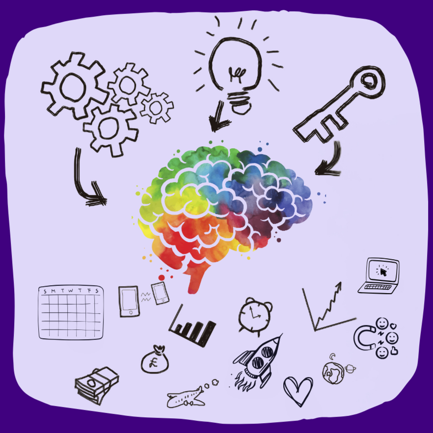 A colorful brain illustration with connected illustrations of gears, a lightbulb, a key, a calendar, a smartphone, a graph, a clock, a rocket, a stack of money, a book, a paper airplane, a laptop, smiling face icons, a heart, and a globe, representing ideas, creativity, and innovation.