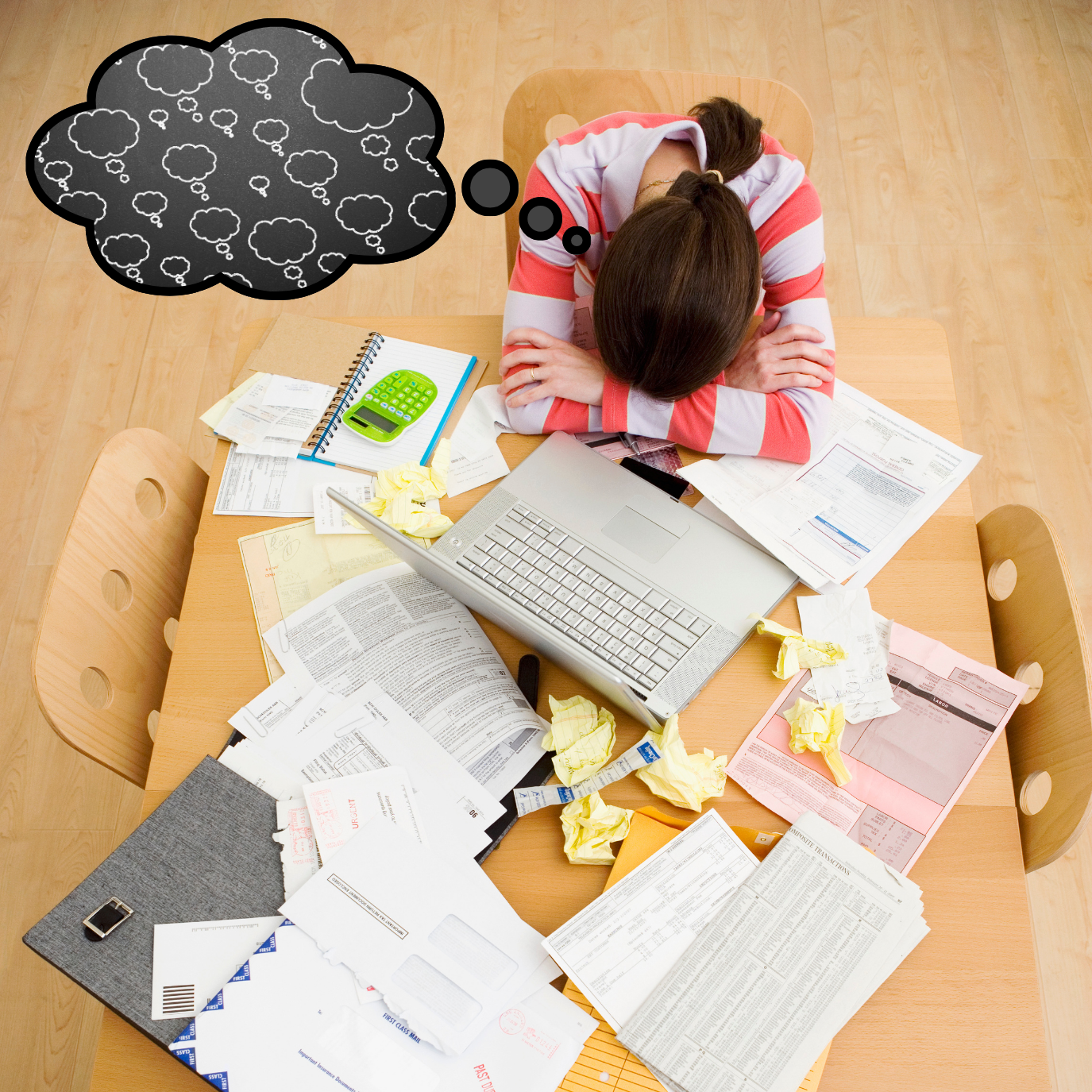 A woman sits at a cluttered desk with papers, receipts, a notebook, a computer, and a calculator, appearing overwhelmed and stressed, with a thought bubble showing a brainstorming cloud pattern.