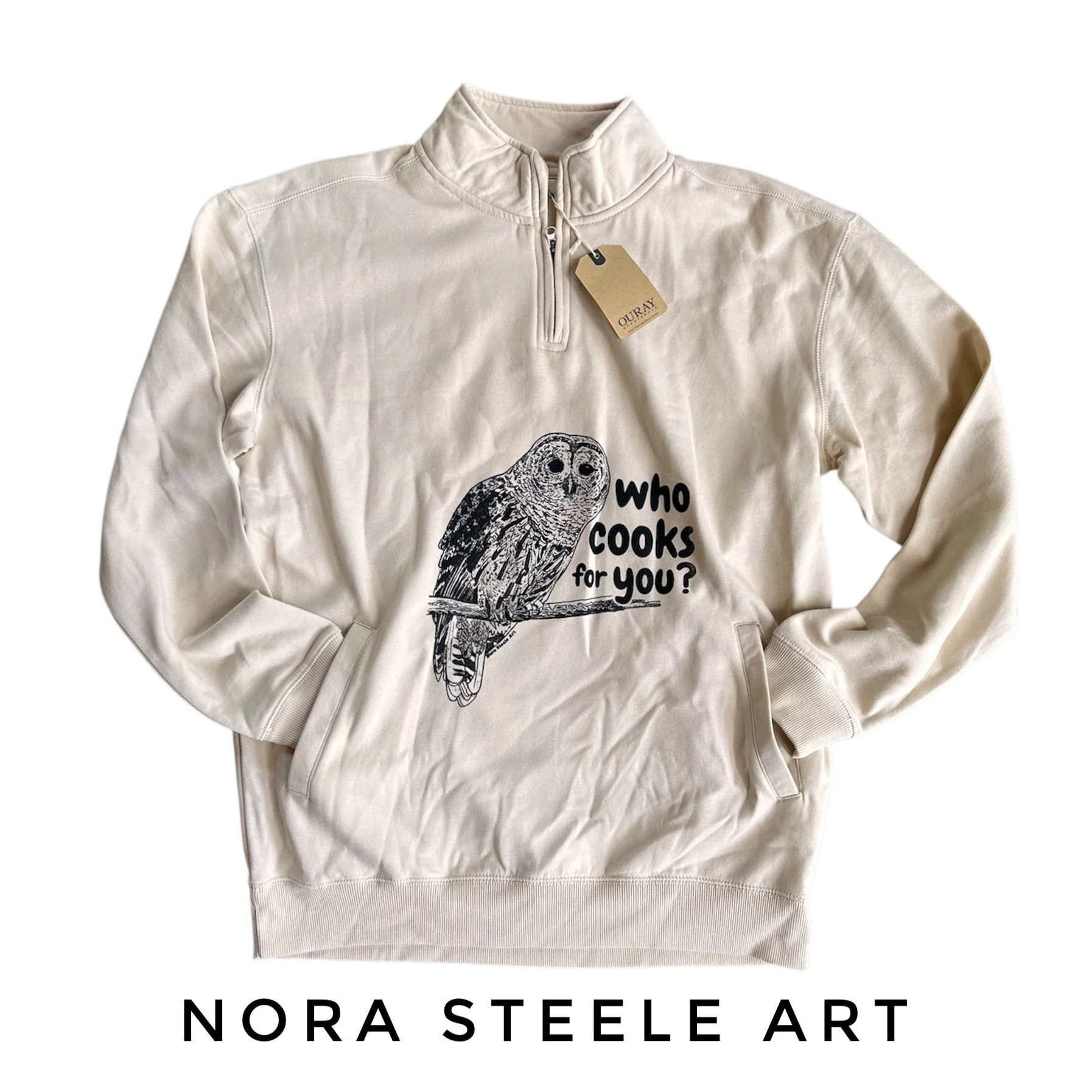 Sweatshirt screenprinted with a barred owl and text saying "who cooks for you?"