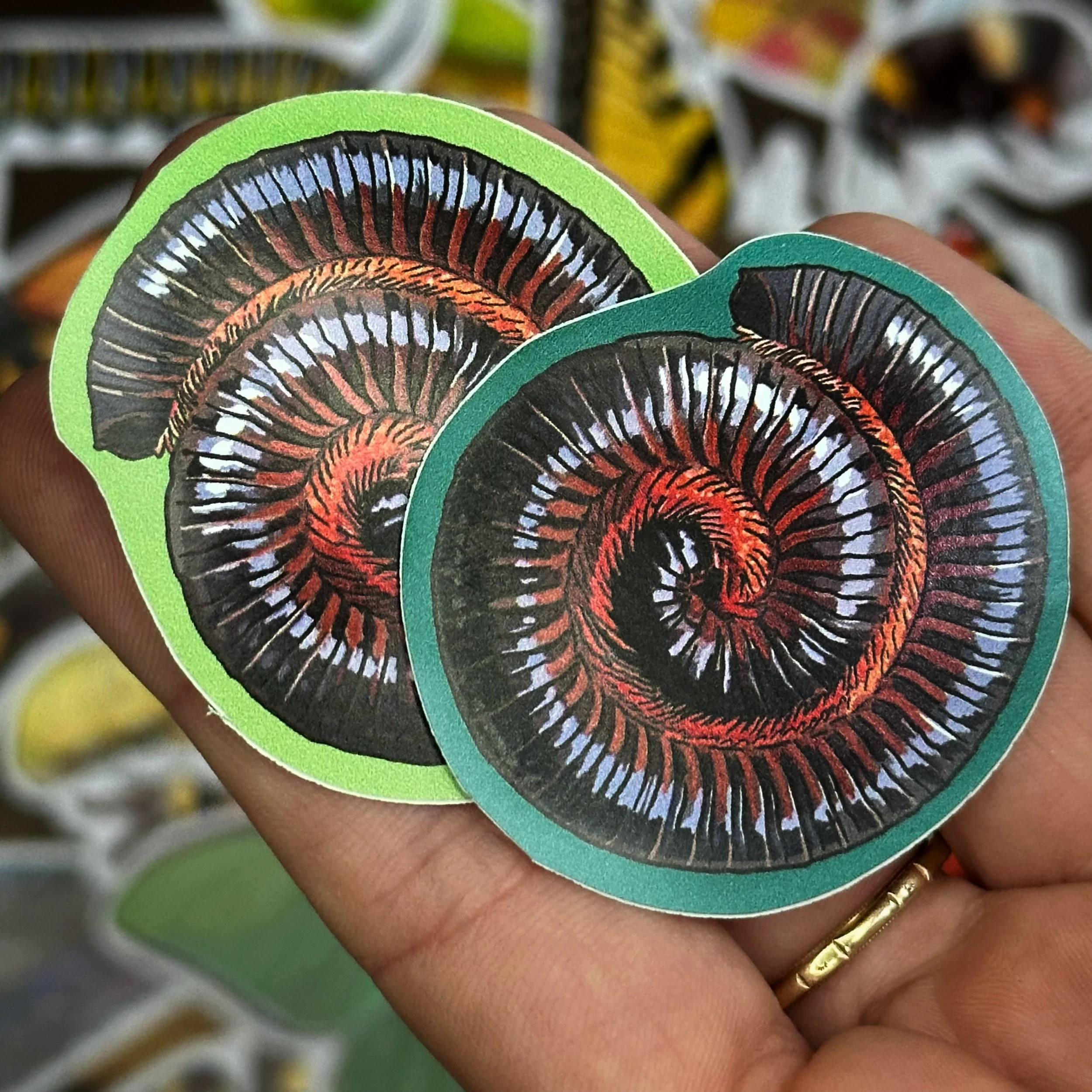 American giant millipede stickers held above a pile of other stickers
